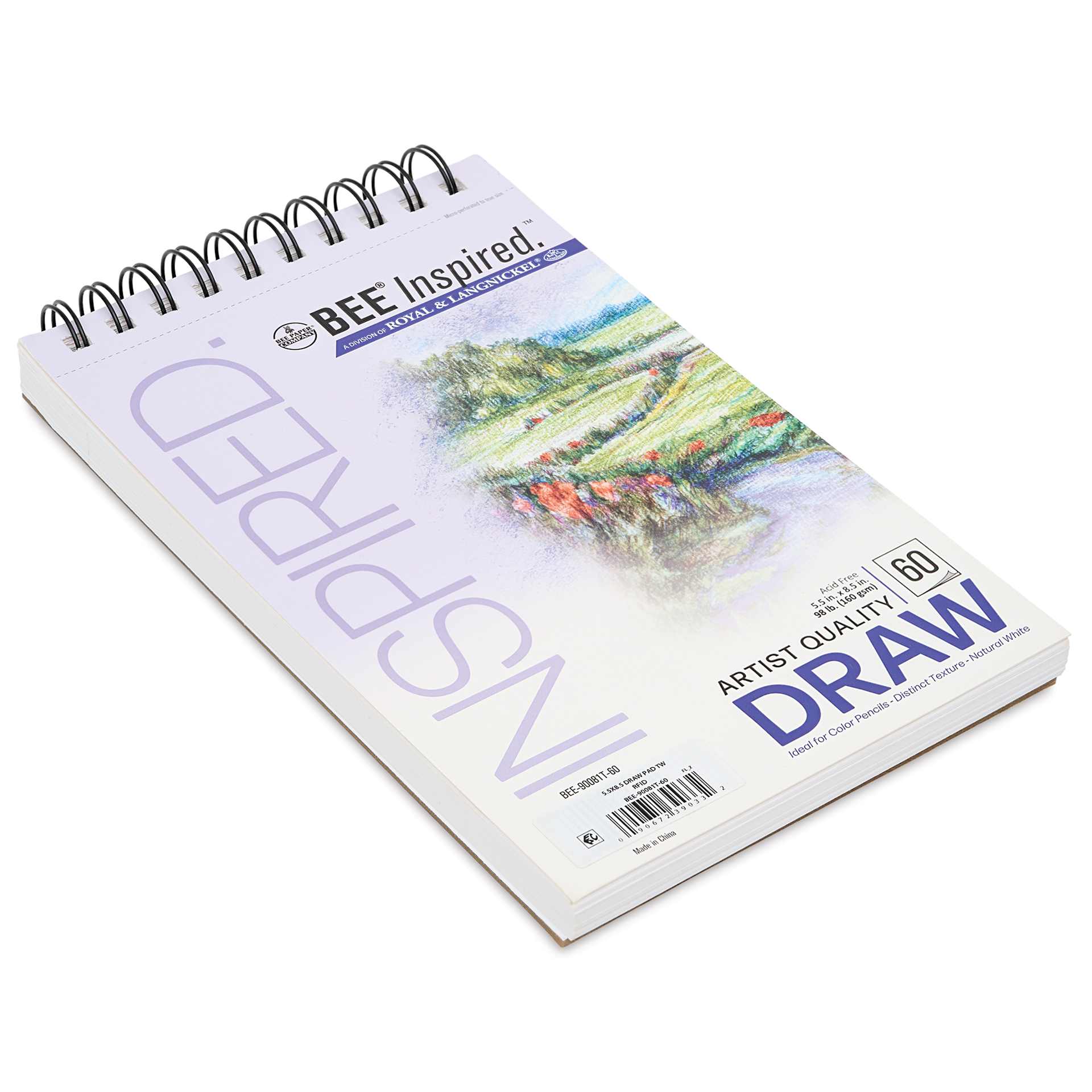 Bee Inspired Wirebound Drawing Pad - 5-1/2" x 8-1/2", angled view