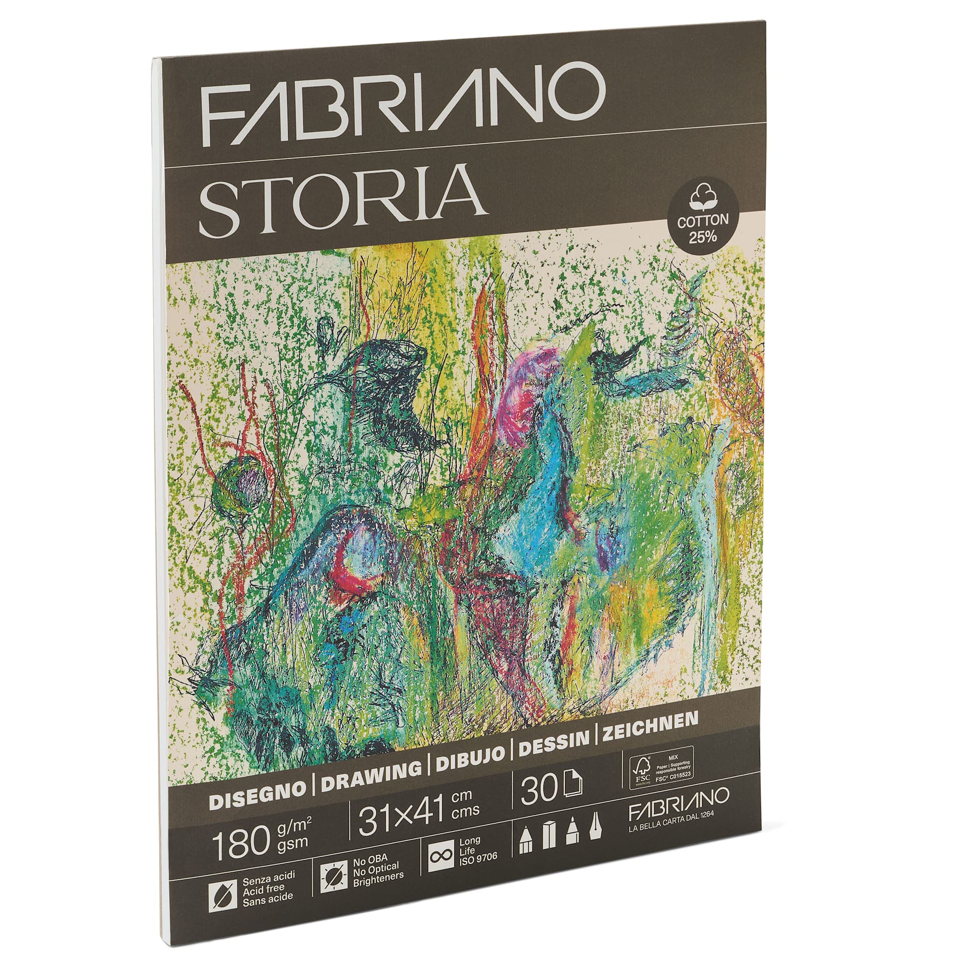 Fabriano Storia Gluebound Drawing Pad - 12" x 16", 180 gsm, 30 Sheets, angled view