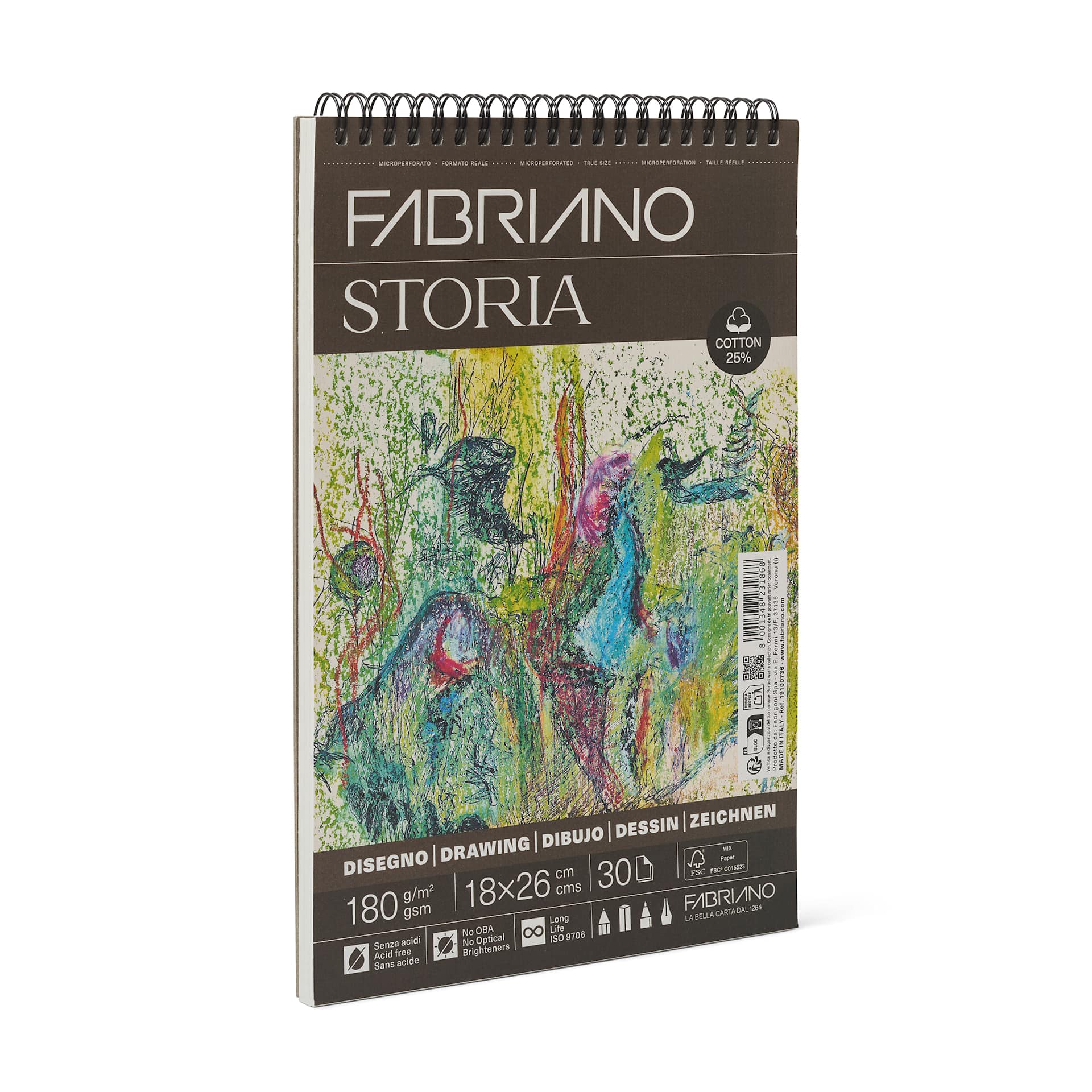 Fabriano Storia Wirebound Drawing Pad - 7" x 10", 180 gsm, 30 Sheets, angled view
