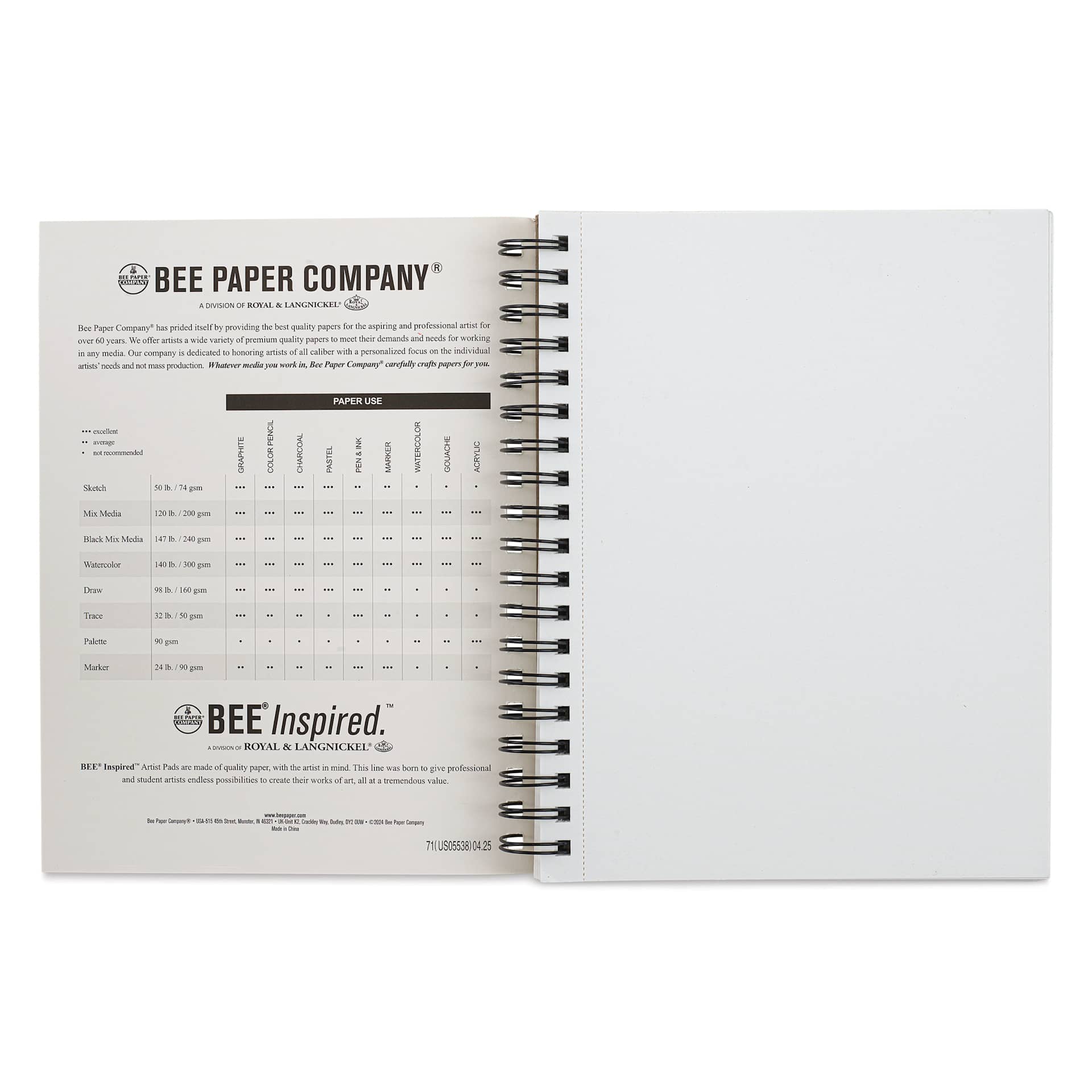 Bee Inspired Wirebound Mixed Media Artist Pad - 7" x 10", 60 Sheets, open, showing back of cover