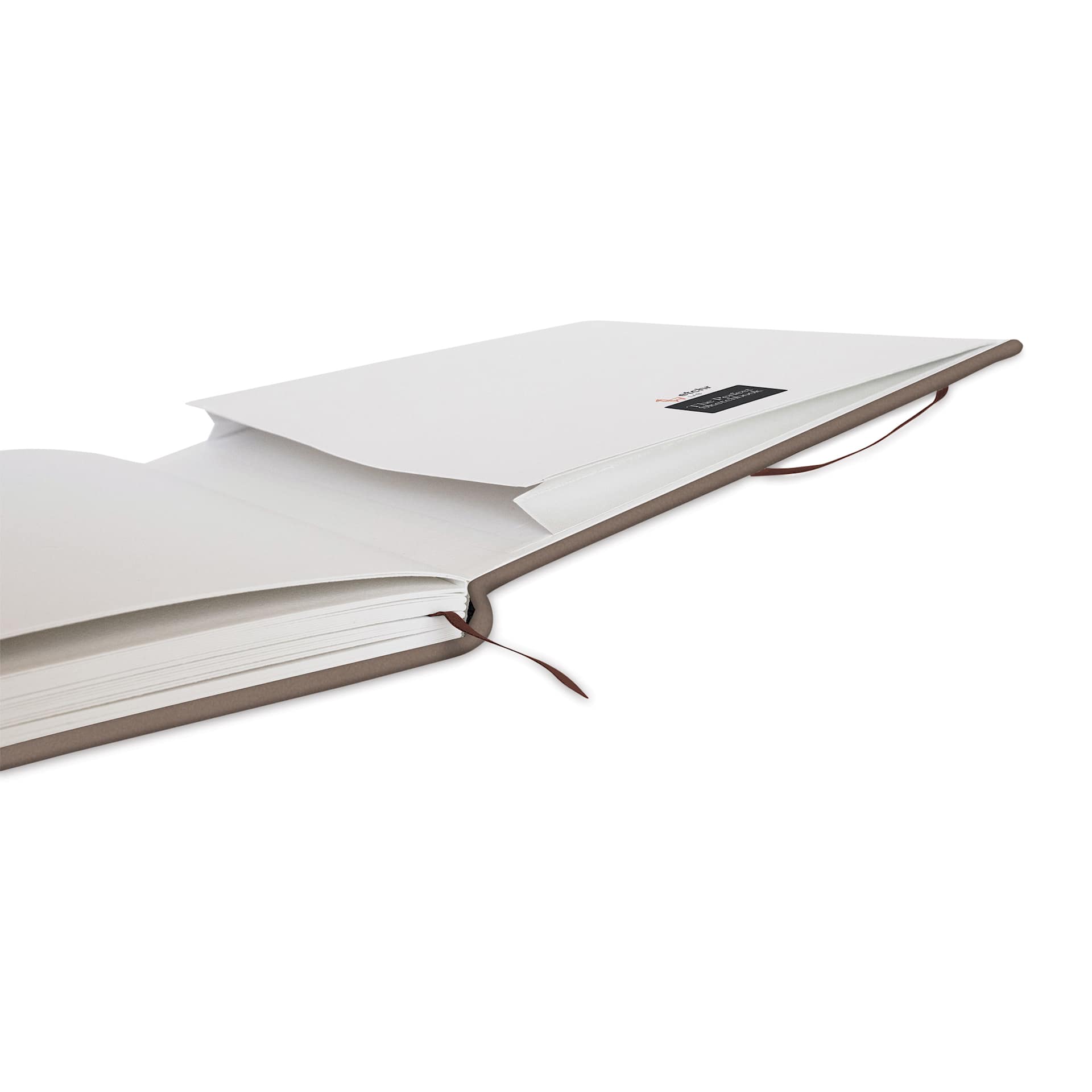 Etchr The Perfect Sketchbook with Deckle Edges - A5 Landscape, 5.8" x 8.3" Cold Press, 300 gsm, angled view of open sketchbook