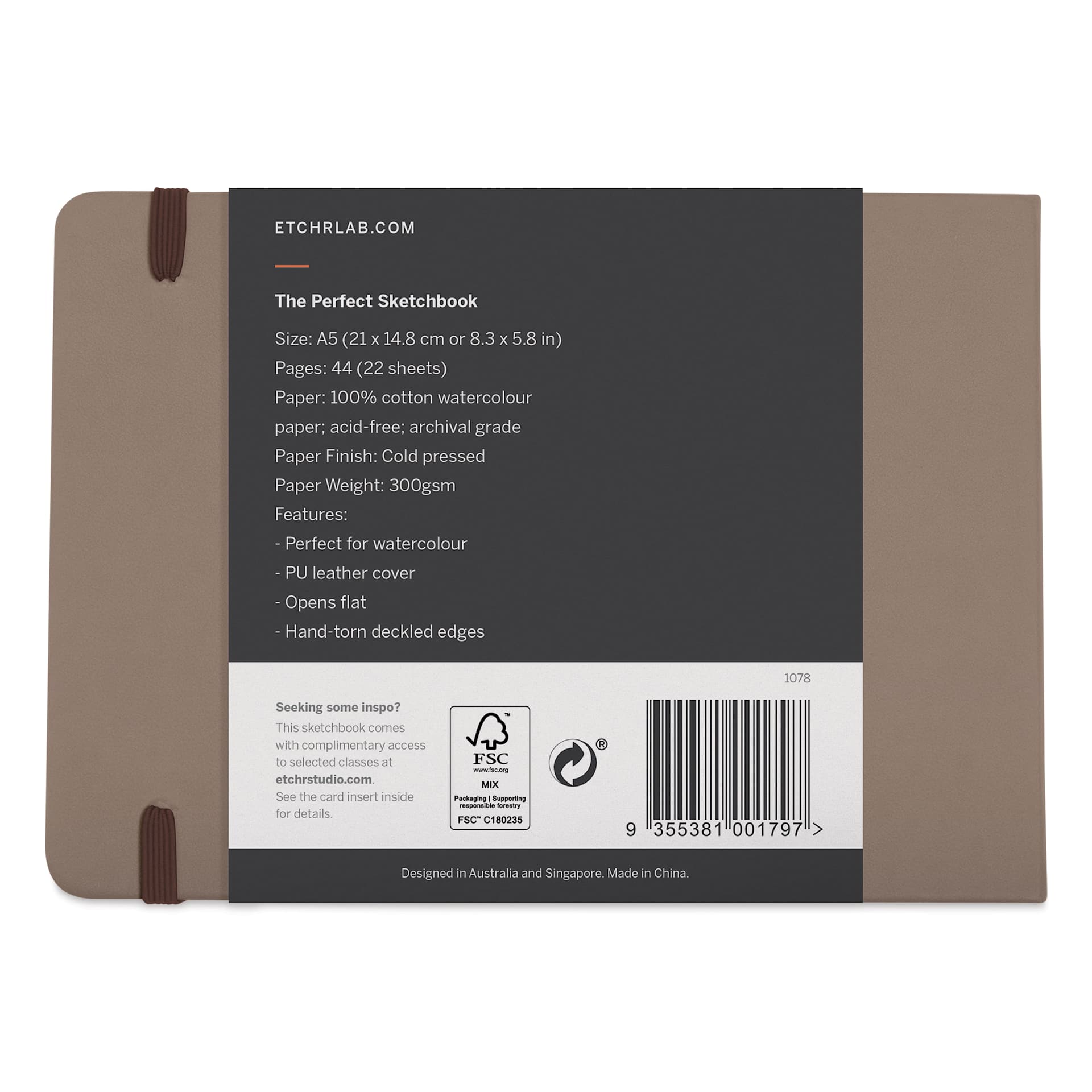 Etchr The Perfect Sketchbook with Deckle Edges - A5 Landscape, 5.8" x 8.3" Cold Press, 300 gsm, back of sketchbook