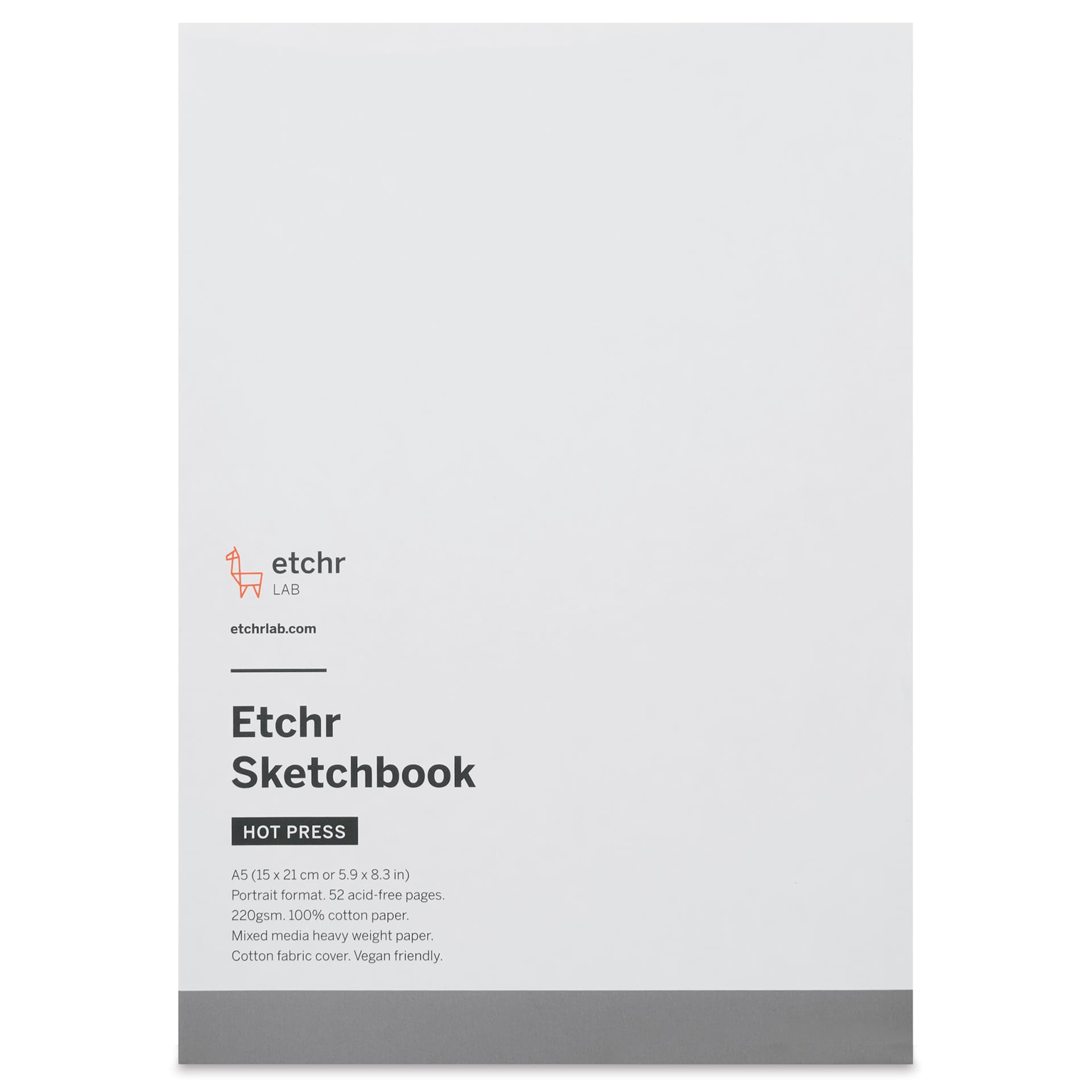 Etchr Mixed Media Hardbound Sketchbook - Hot Press, Portrait, 8.3" x 5.8", 100 lb, front of packaging