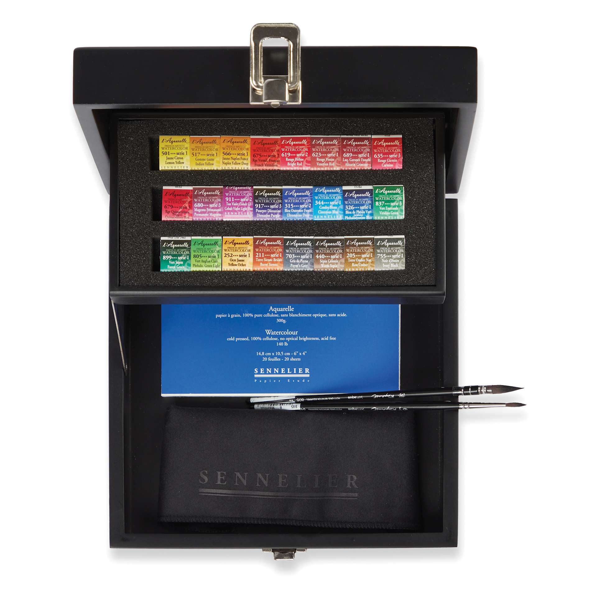 Sennelier French Artists' Watercolor Set, 24-Color Half Pan Black Wood Box Set