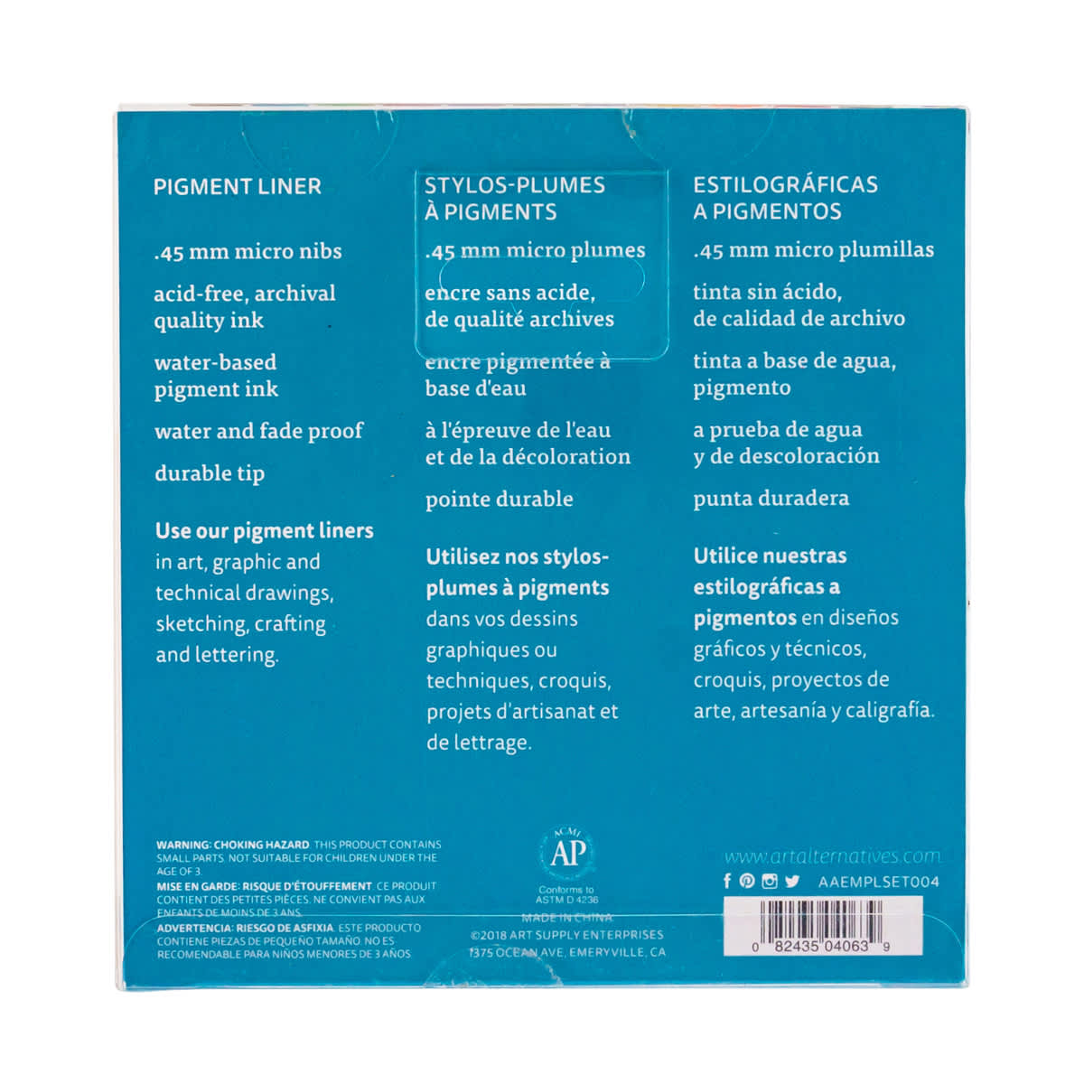 Art Alternatives Pigment Liner - Set of 12, Assorted Colors, .45 back of packaging