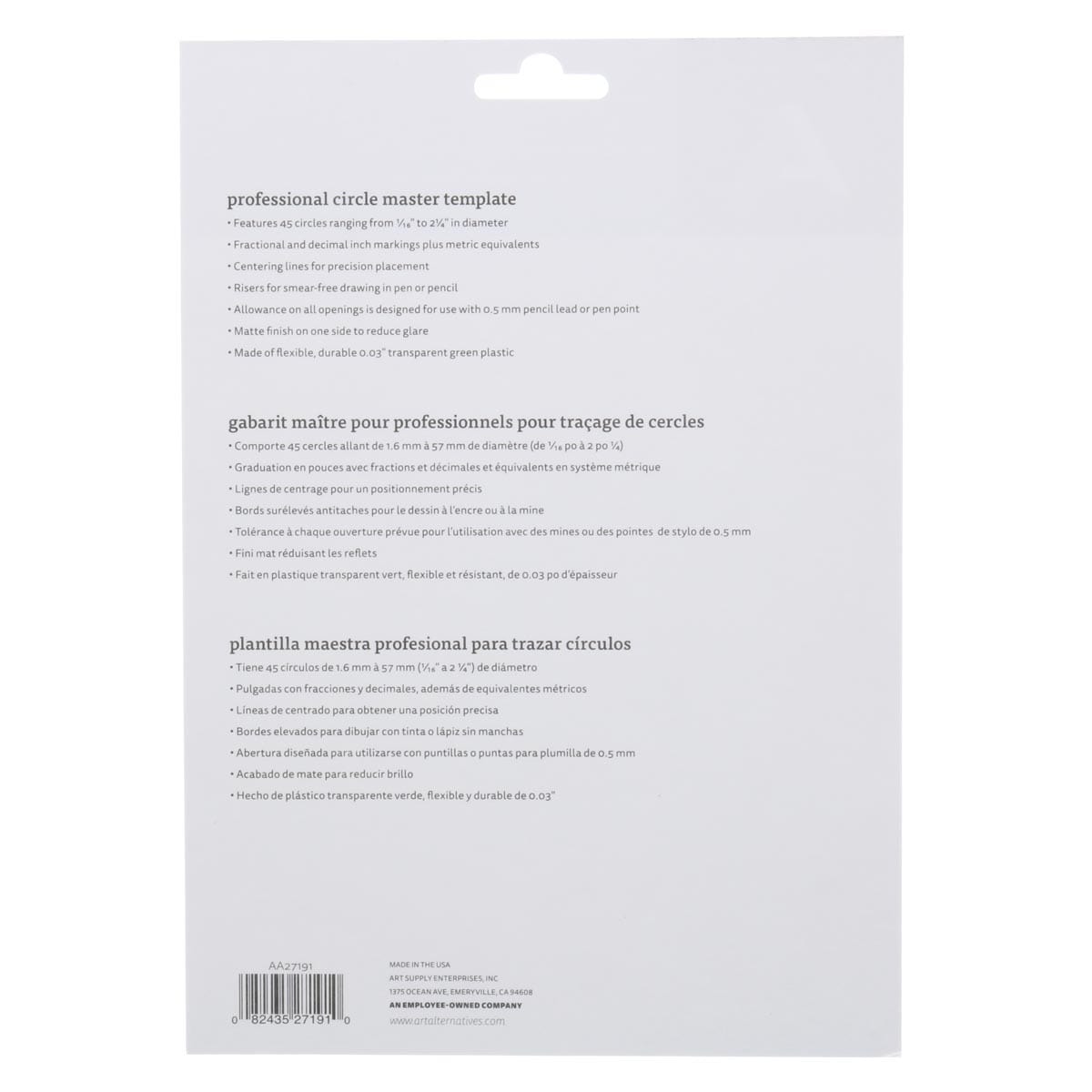 Art Alternatives Drafting Template - Circle Master #1 back of packaging