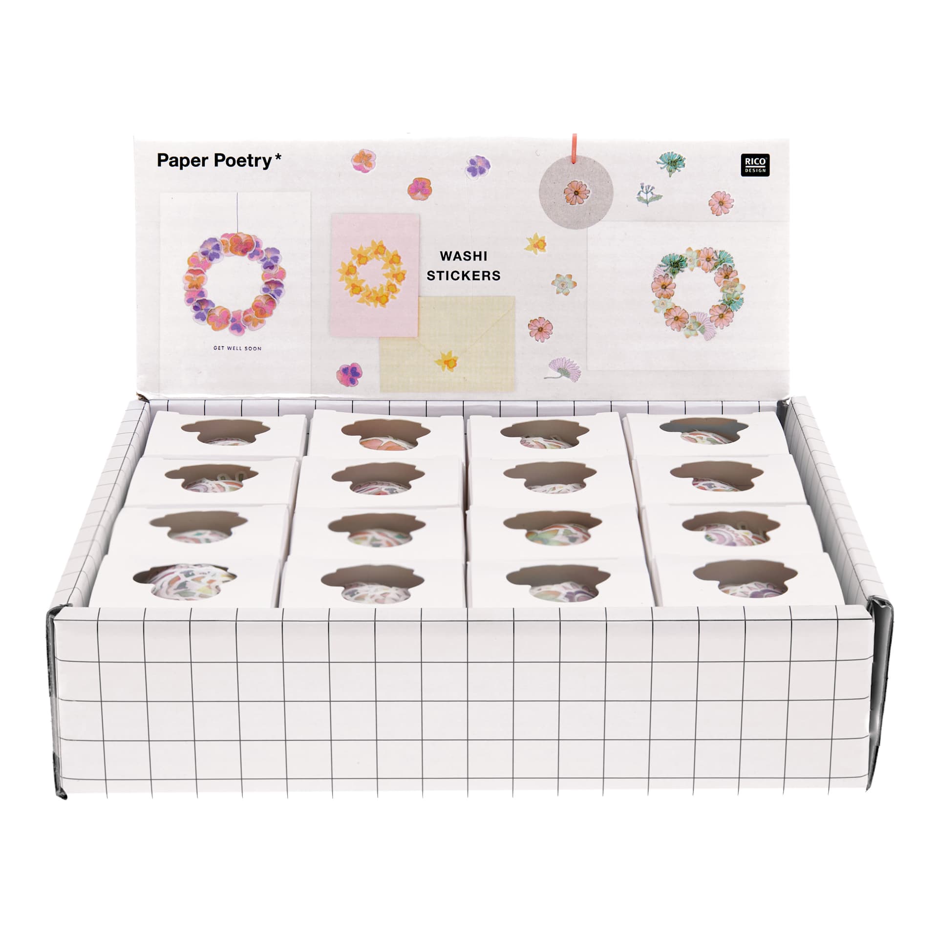 Rico Design Washi Sticker Rolls P.O.P. Displays Flowers - 16-Piece P.O.P. Display