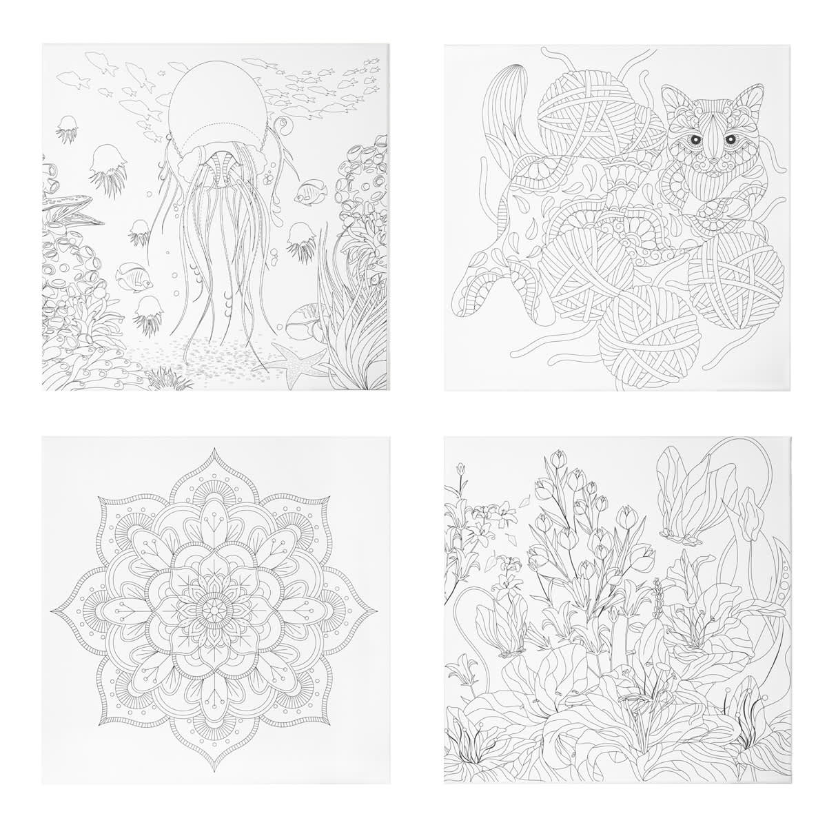 Hello, Artist! Color-In Canvas, Fun Pre-printed Design, 14” x 14”, Pkg of 4