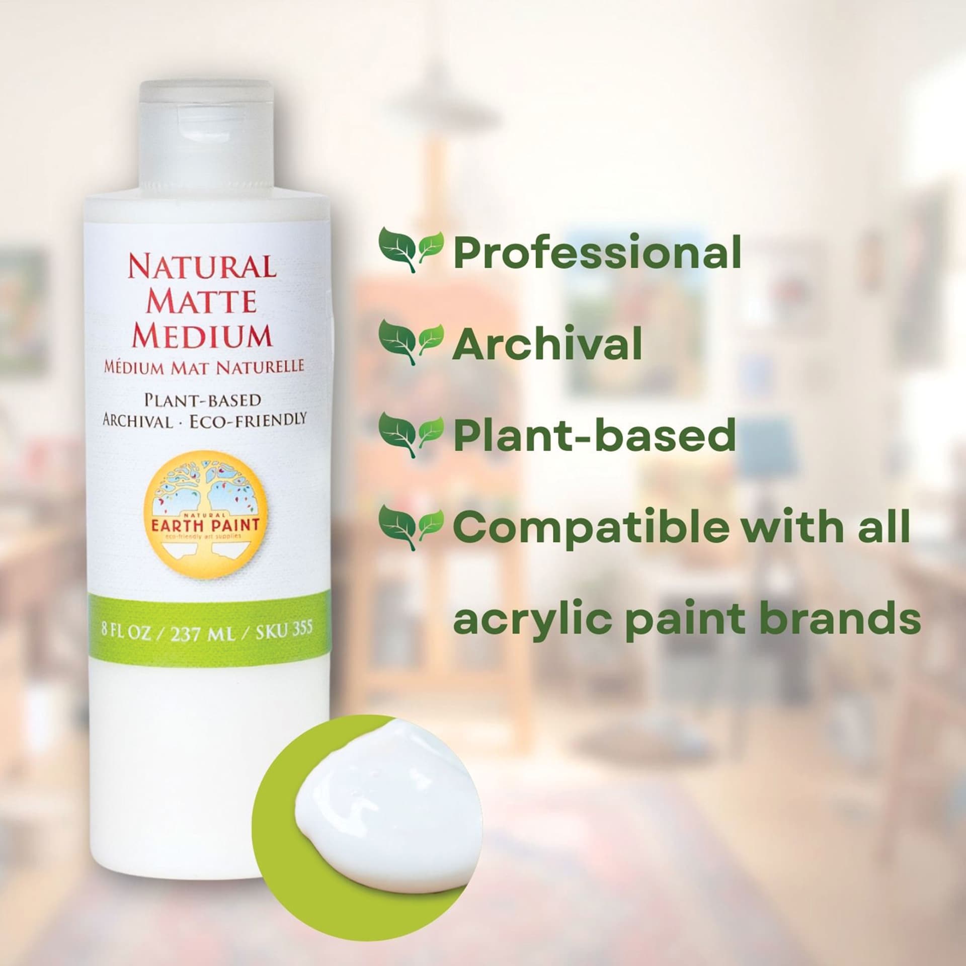 Professional, archival, plant-based, compatible with all acrylic paint brands.