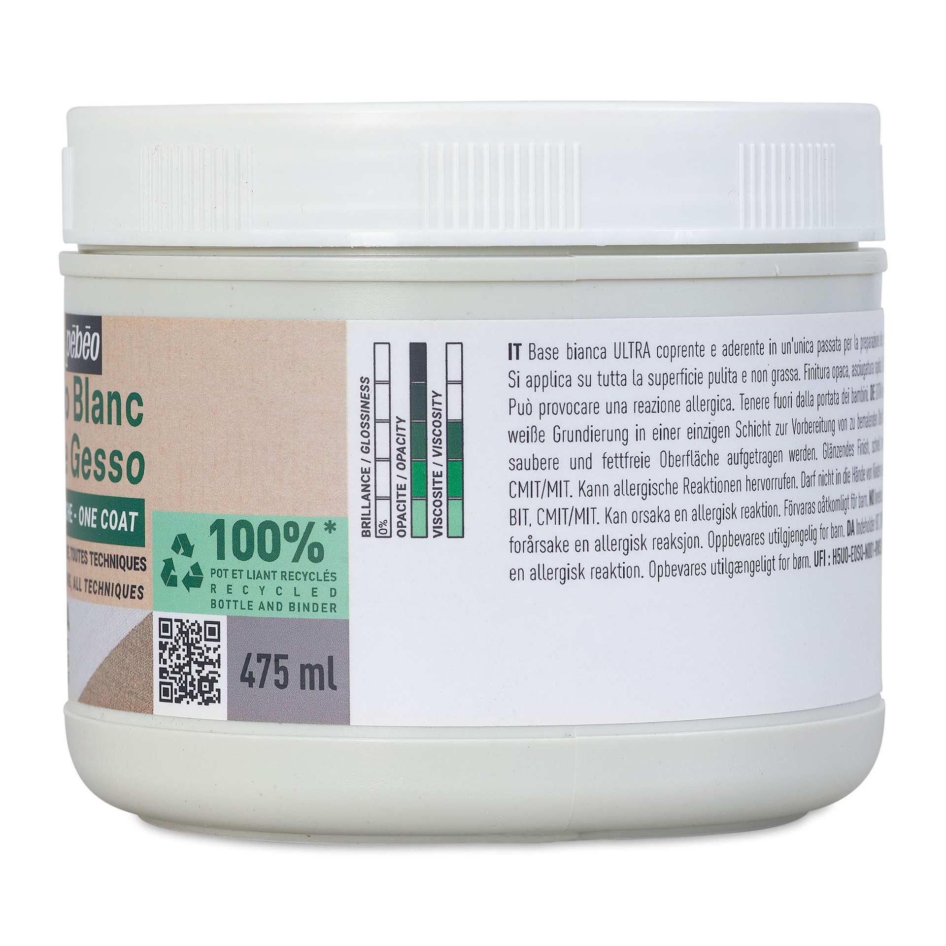 Pebeo Studio Green Gesso - One Coat White, 475 ml side view