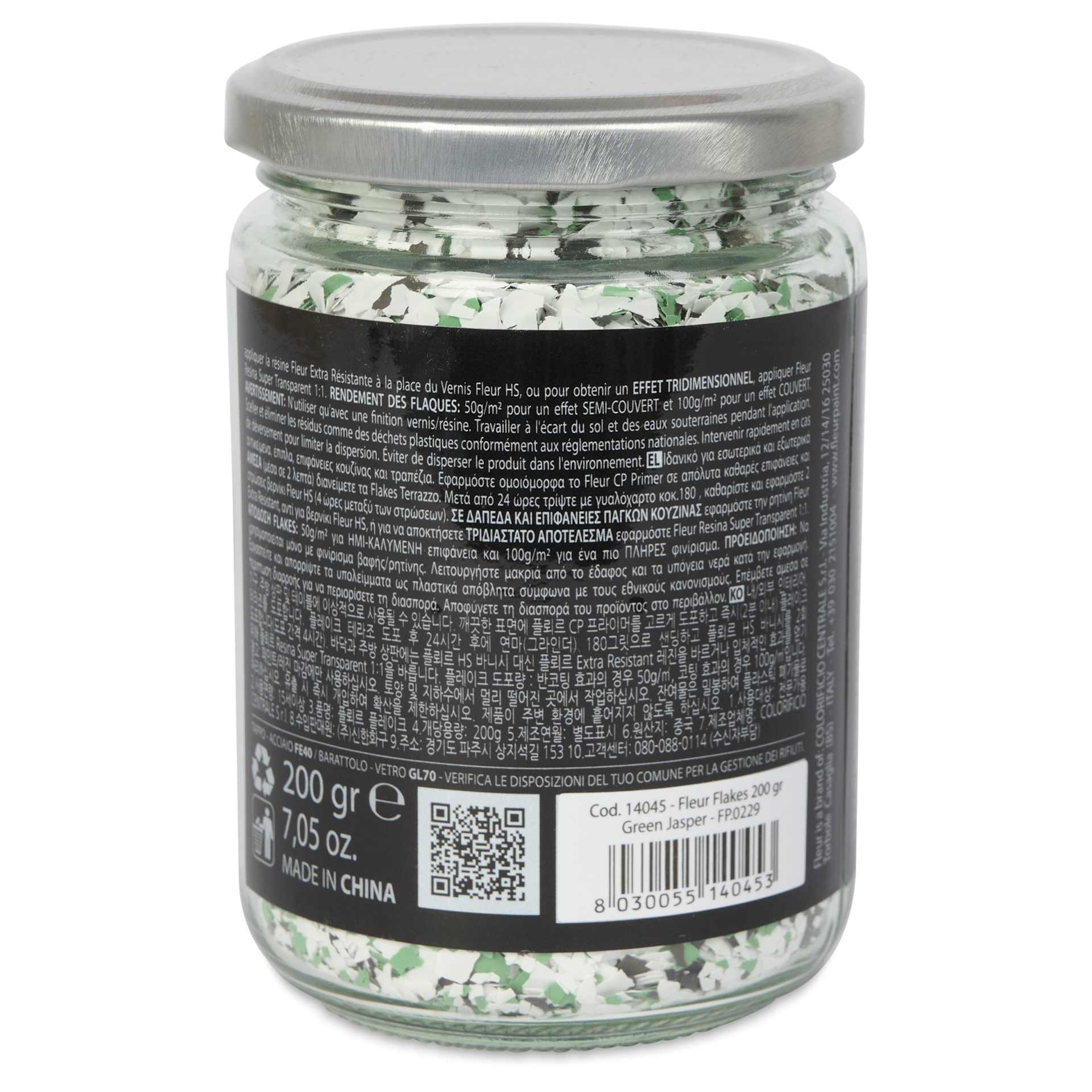 Fleur Terrazzo Effect Flakes - Green Jasper, 200 g side of jar