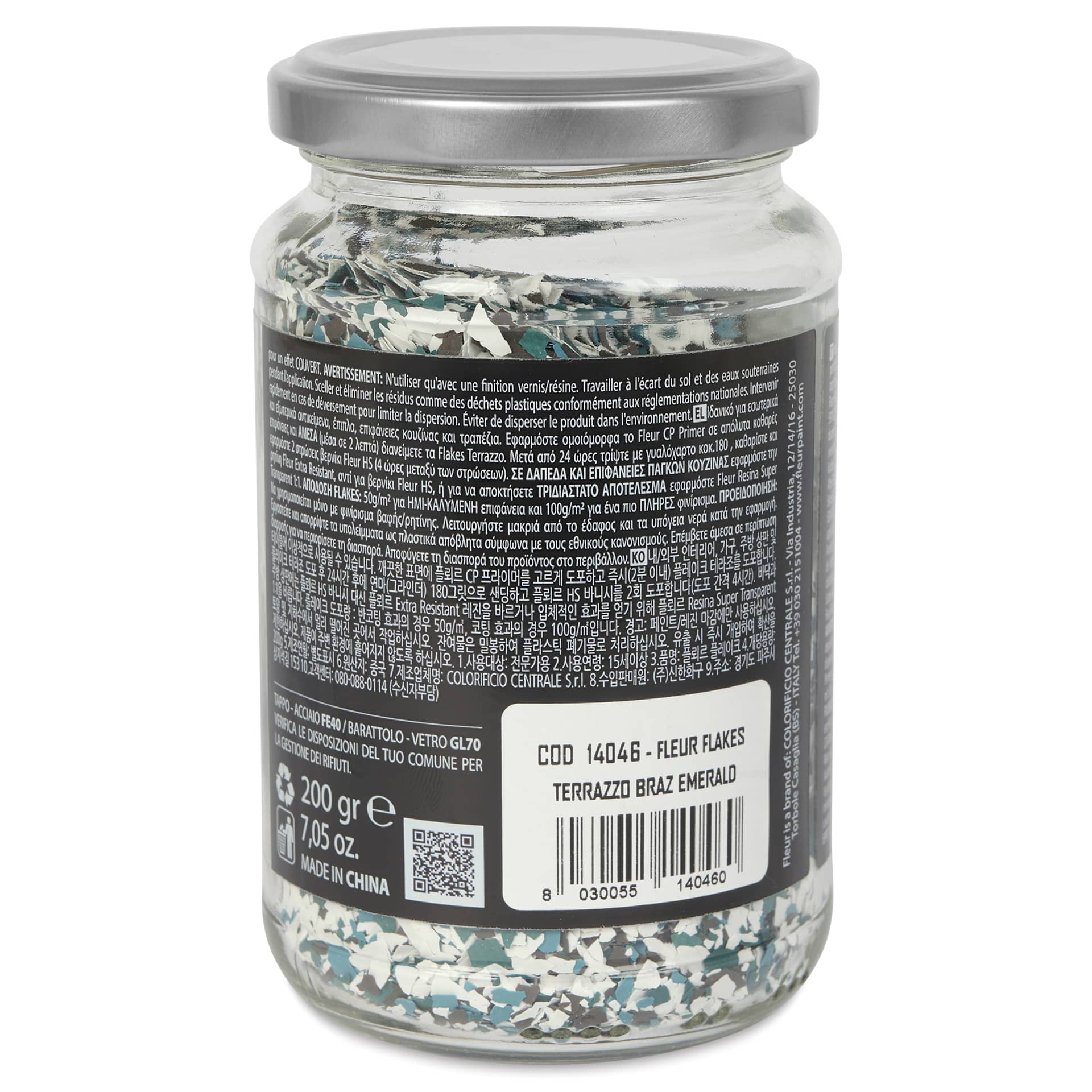 Fleur Terrazzo Effect Flakes - Brazilian Emerald, 200 g side of jar