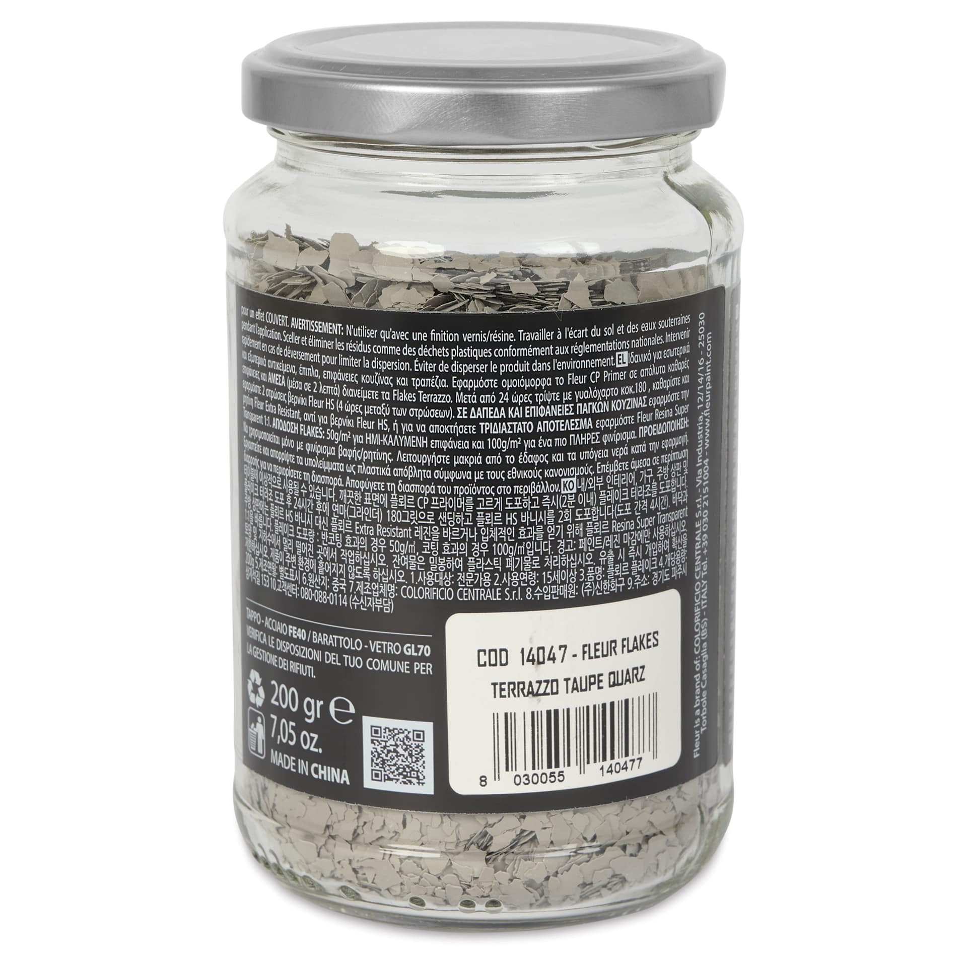 Fleur Terrazzo Effect Flakes - Taupe Quartz, 200 g back of jar