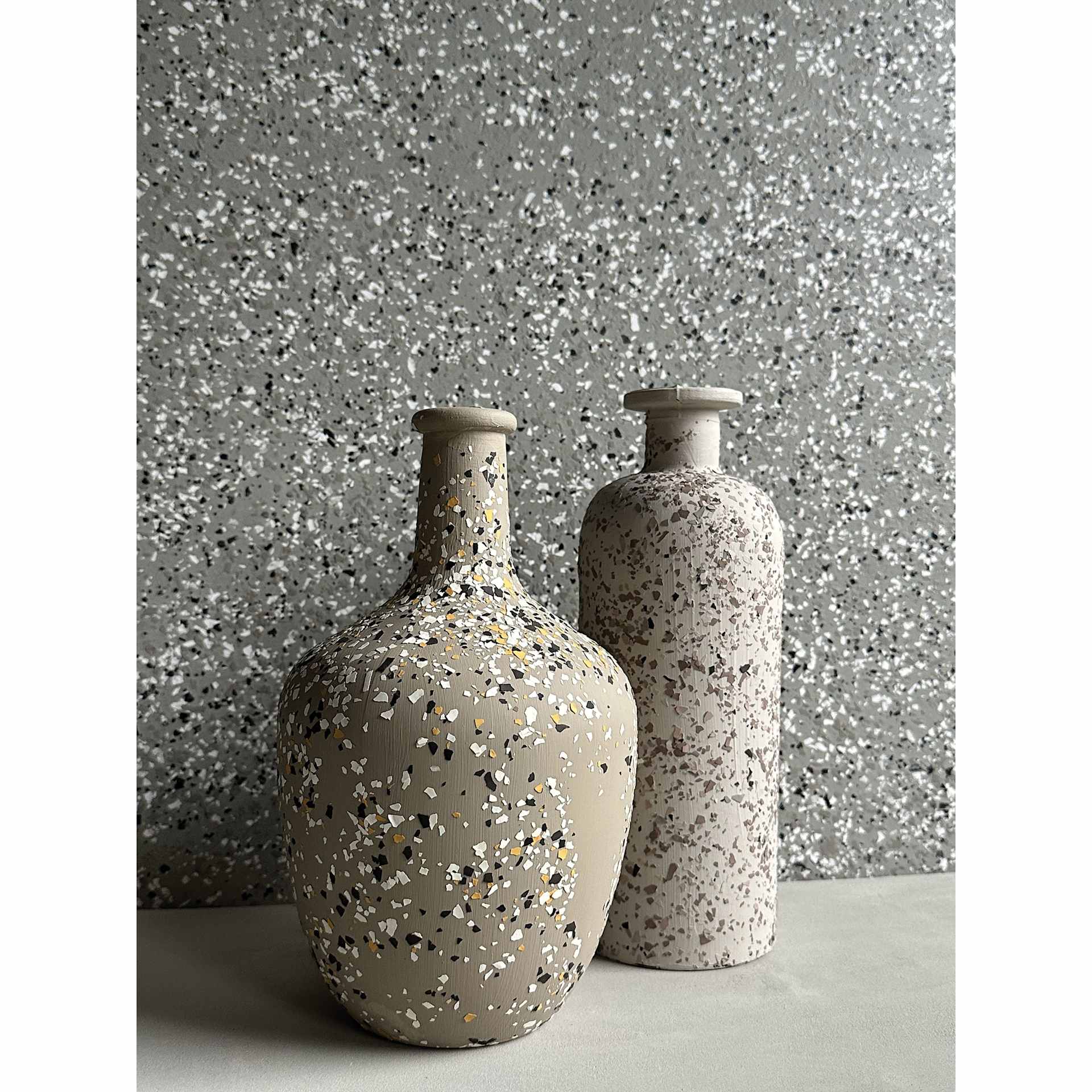 Fleur Terrazzo Effect Flakes applied to finish pottery and the wall surface.