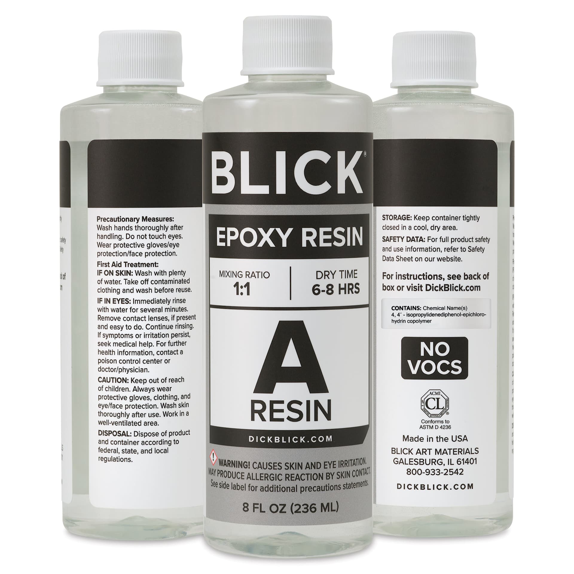 Front, back, and side of Blick Epoxy part A 16 oz bottle.