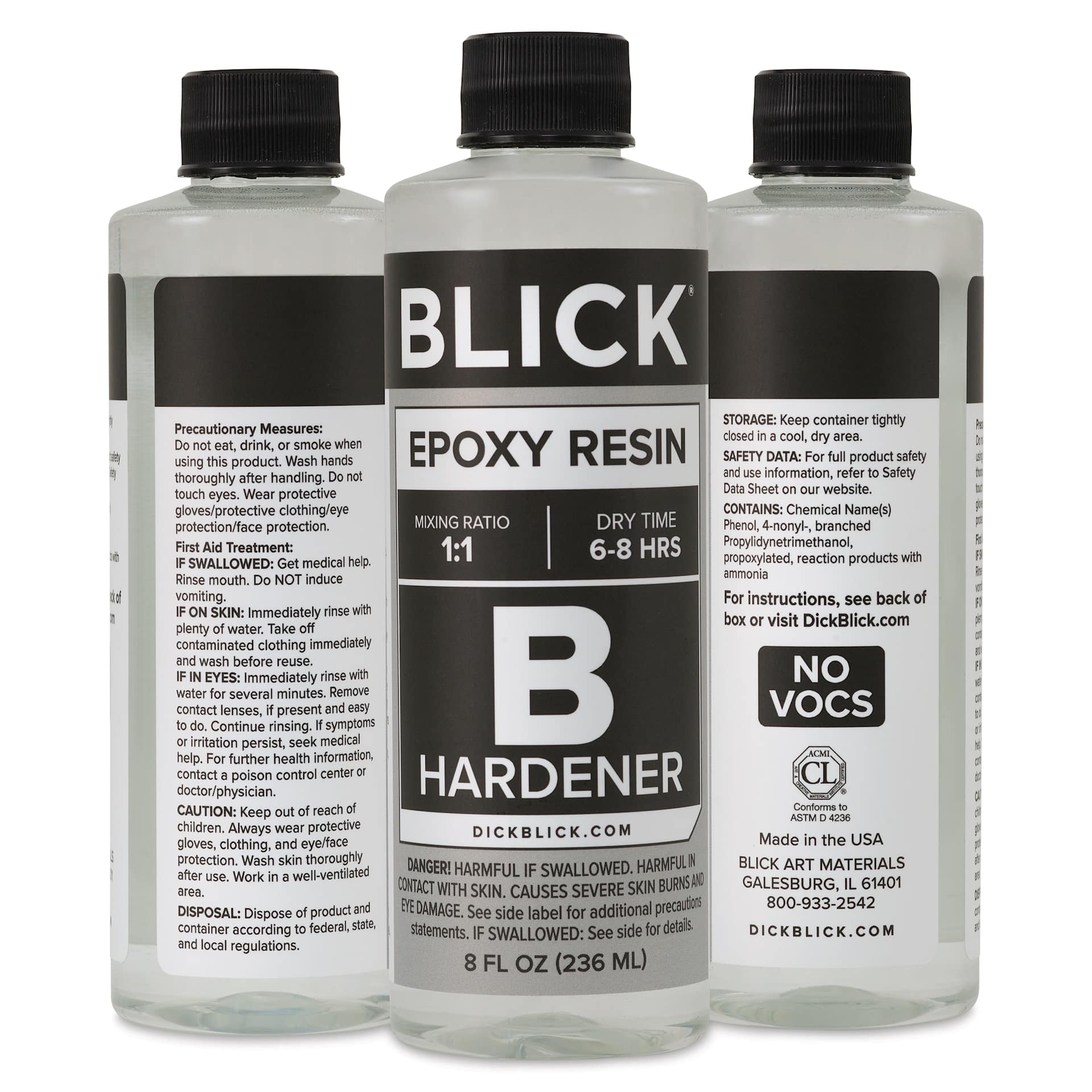 Front, back, and side of Blick Epoxy part B 16 oz bottle.
