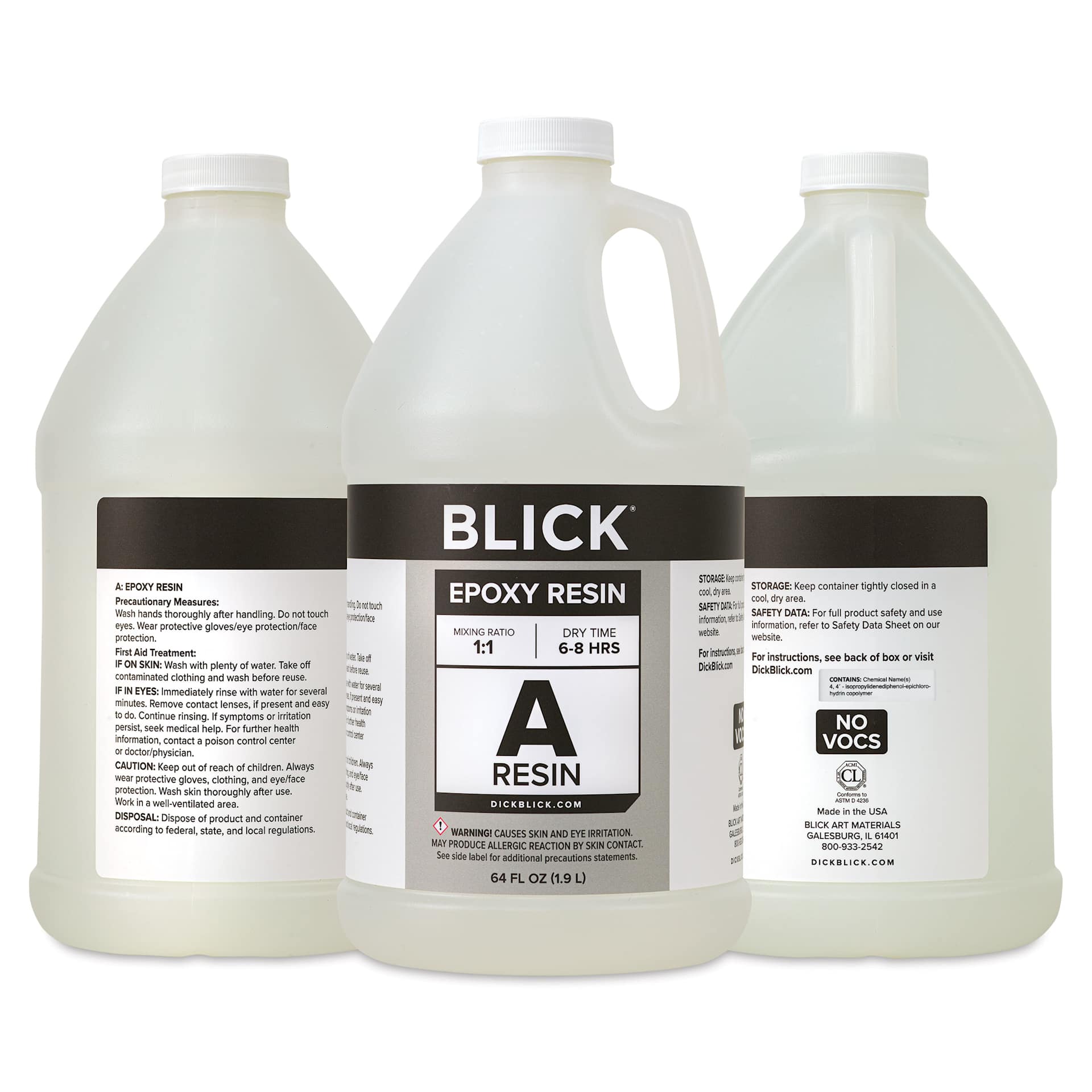 Front, back, and side of the Blick Epoxy Resin Kit - 128 oz bottle