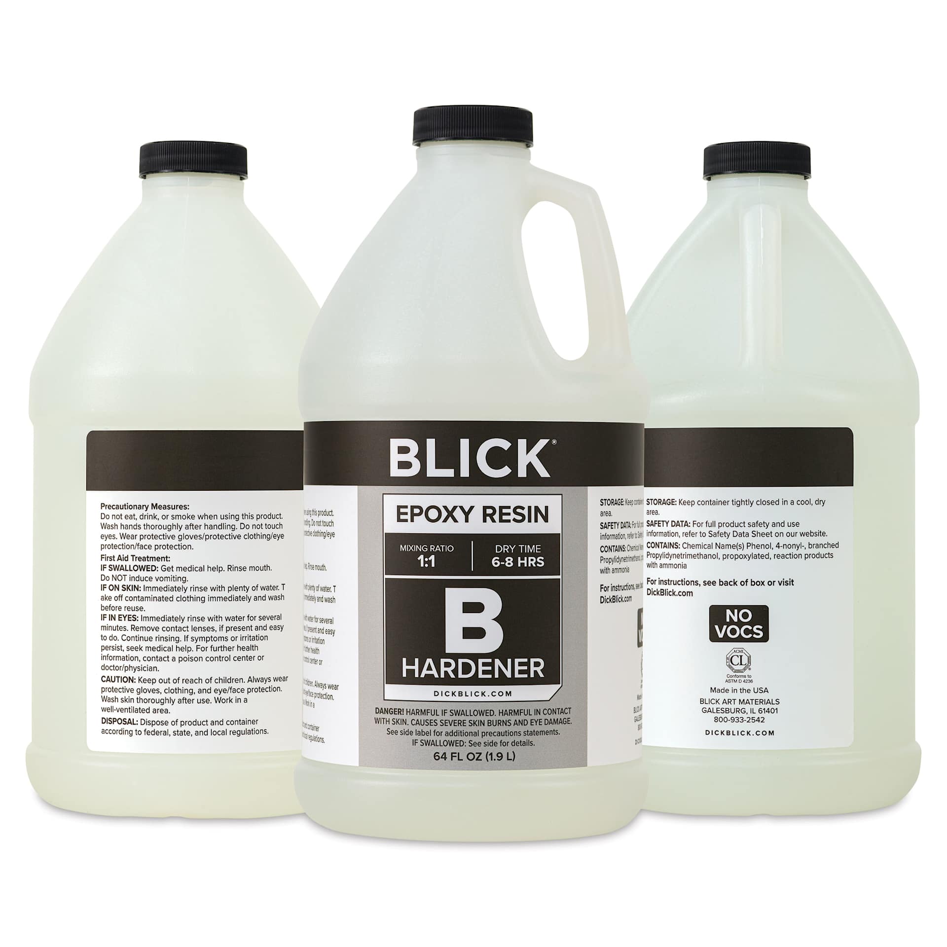 Front, back, and side of the Blick Epoxy Resin Kit - 128 oz bottle