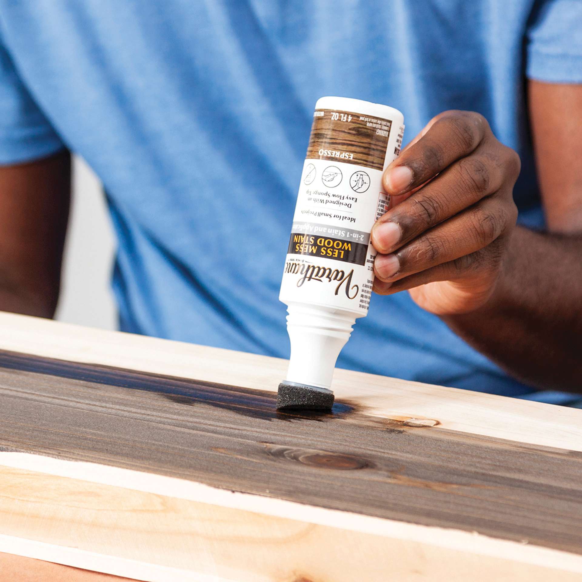 Varathane Less Mess Wood Stain - Espresso being applied to wood board