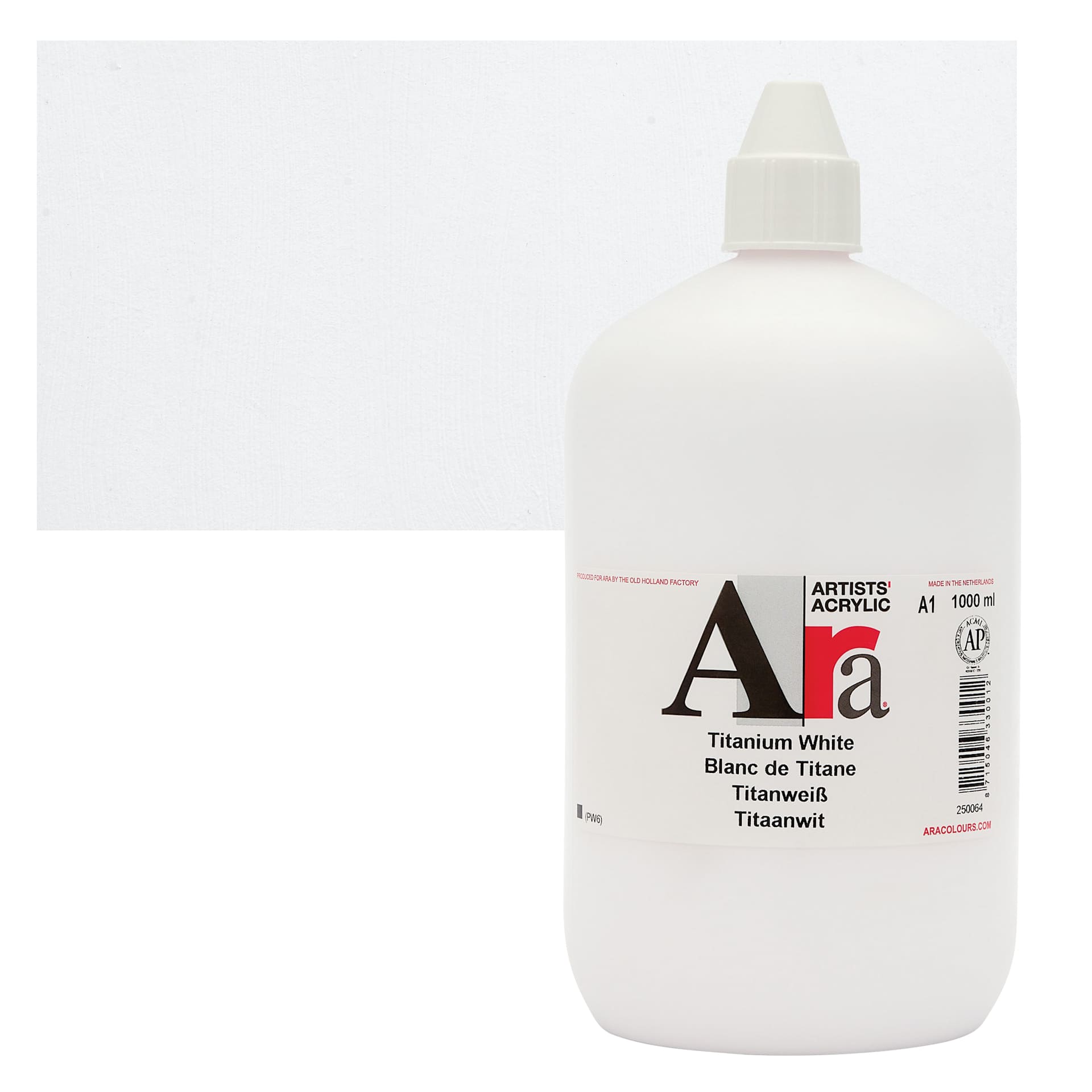 Ara Artists’ Acrylic Paint - Titanium White, 1000 ml bottle and swatch