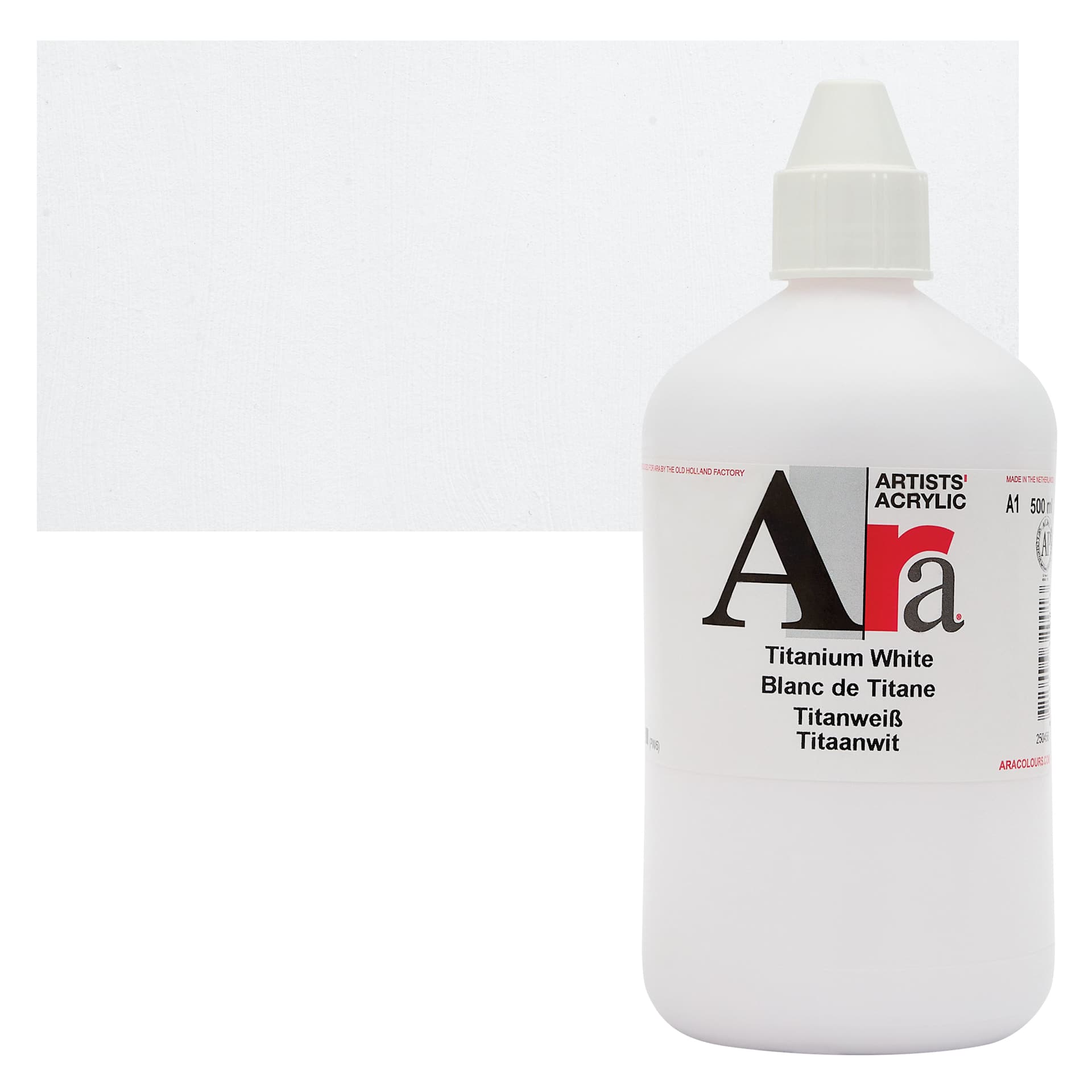 Ara Artists’ Acrylic Paint - Titanium White, 500 ml bottle and swatch