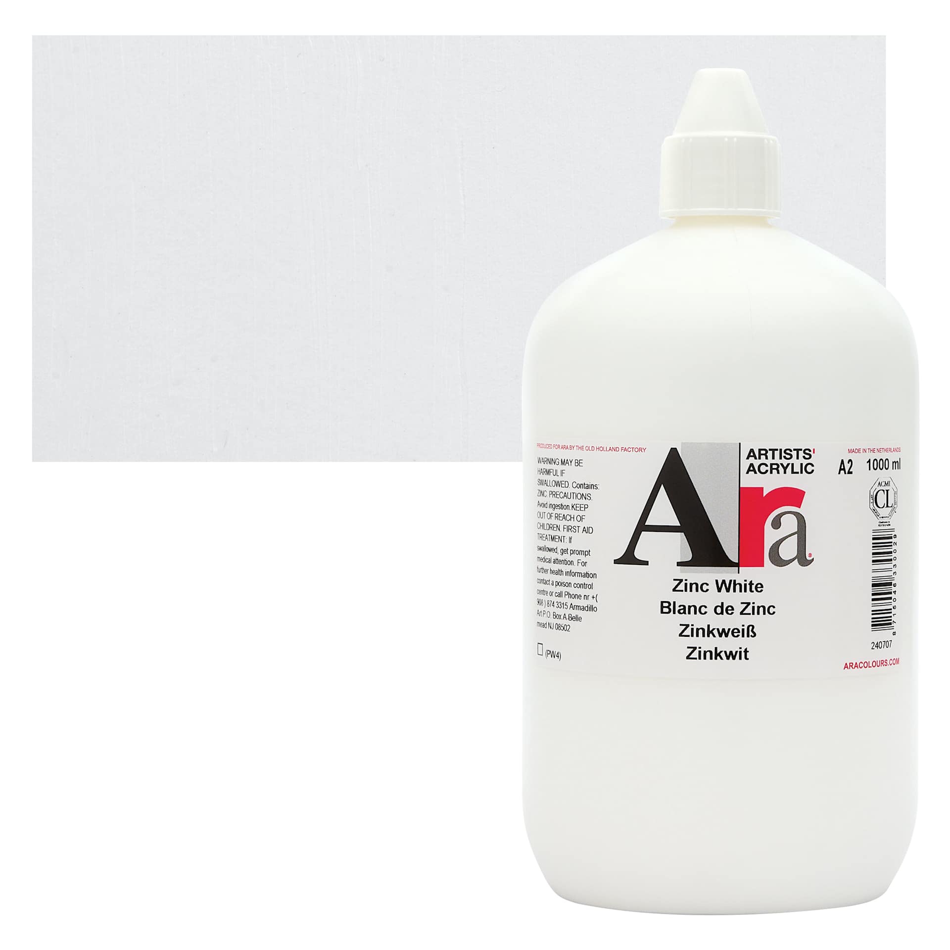 Ara Artists’ Acrylic Paint - Zinc White, 1000 ml bottle and swatch