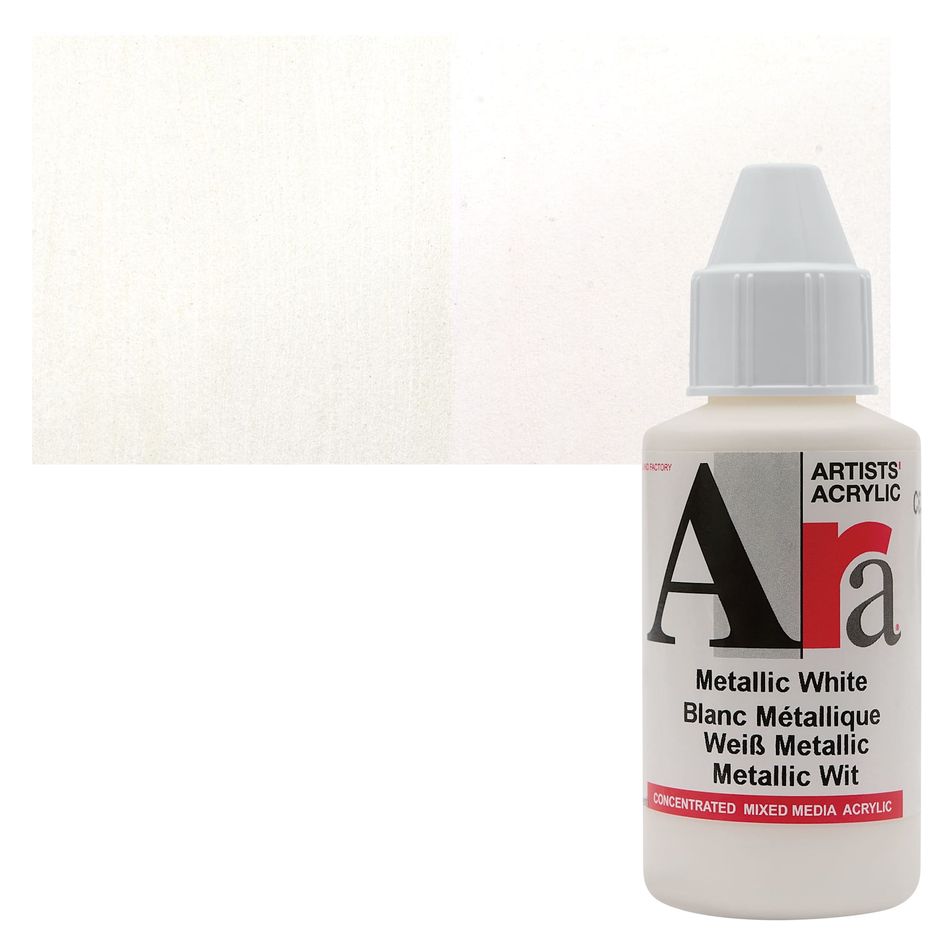 Ara Artists’ Acrylic Paint - Metallic White, 100 ml bottle and swatch