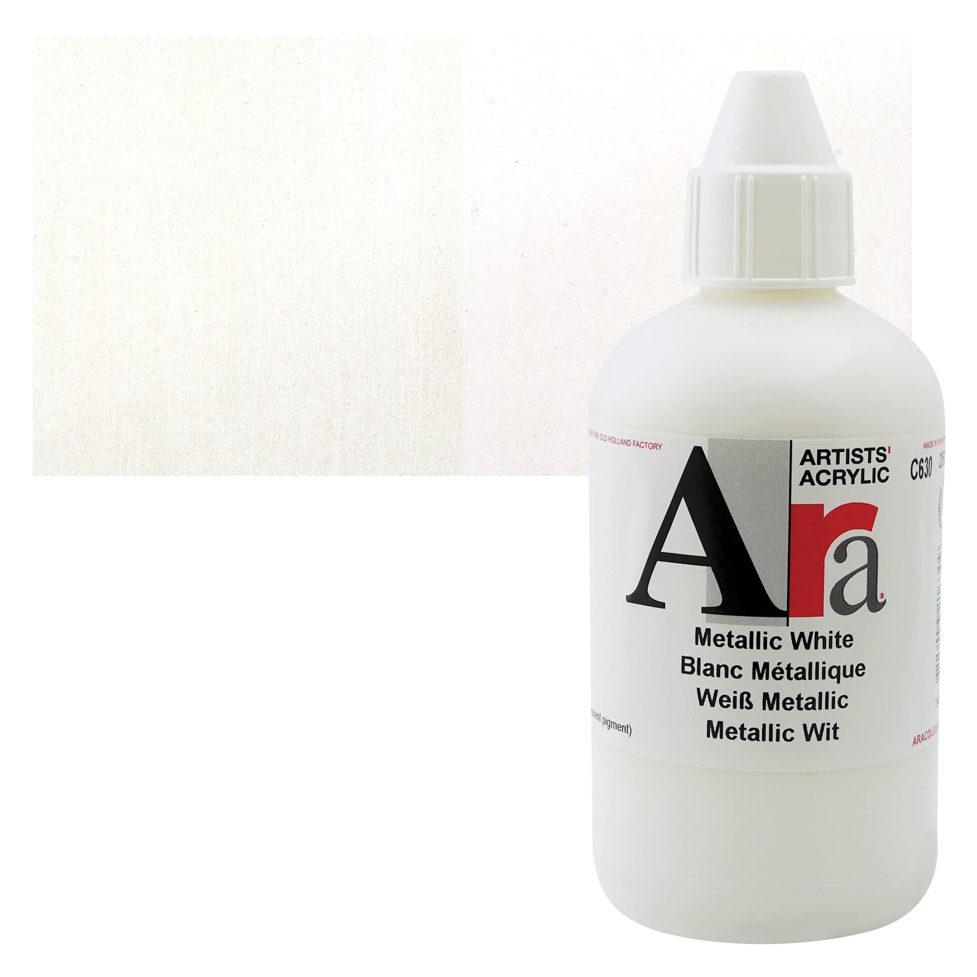 Ara Artists’ Acrylic Paint - Metallic White, 250 ml bottle and swatch