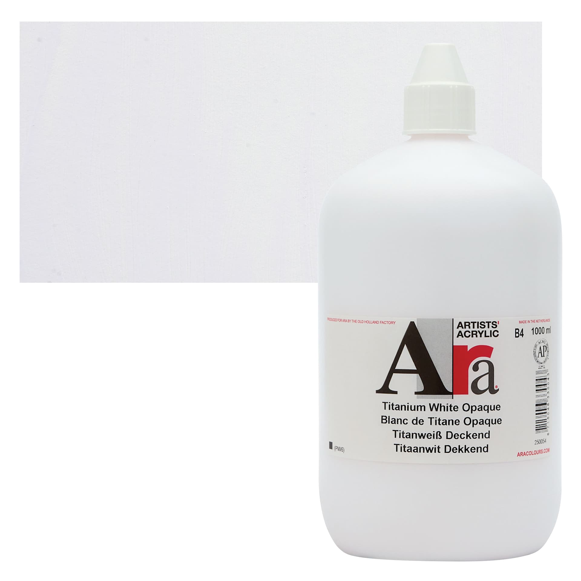 Ara Artists’ Acrylic Paint - Opaque Titanium White, 1000 ml bottle and swatch