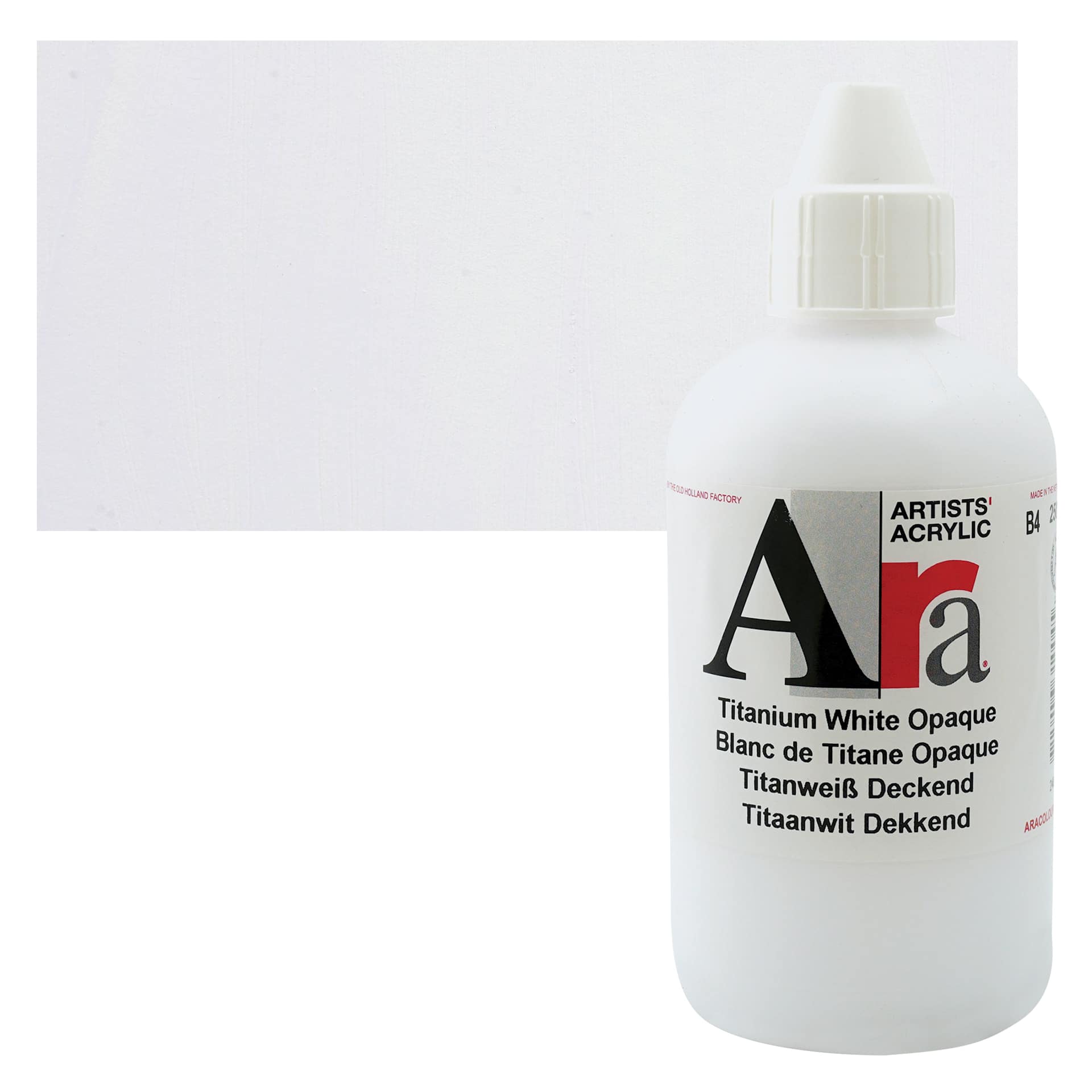 Ara Artists’ Acrylic Paint - Opaque Titanium White, 250 ml bottle and swatch