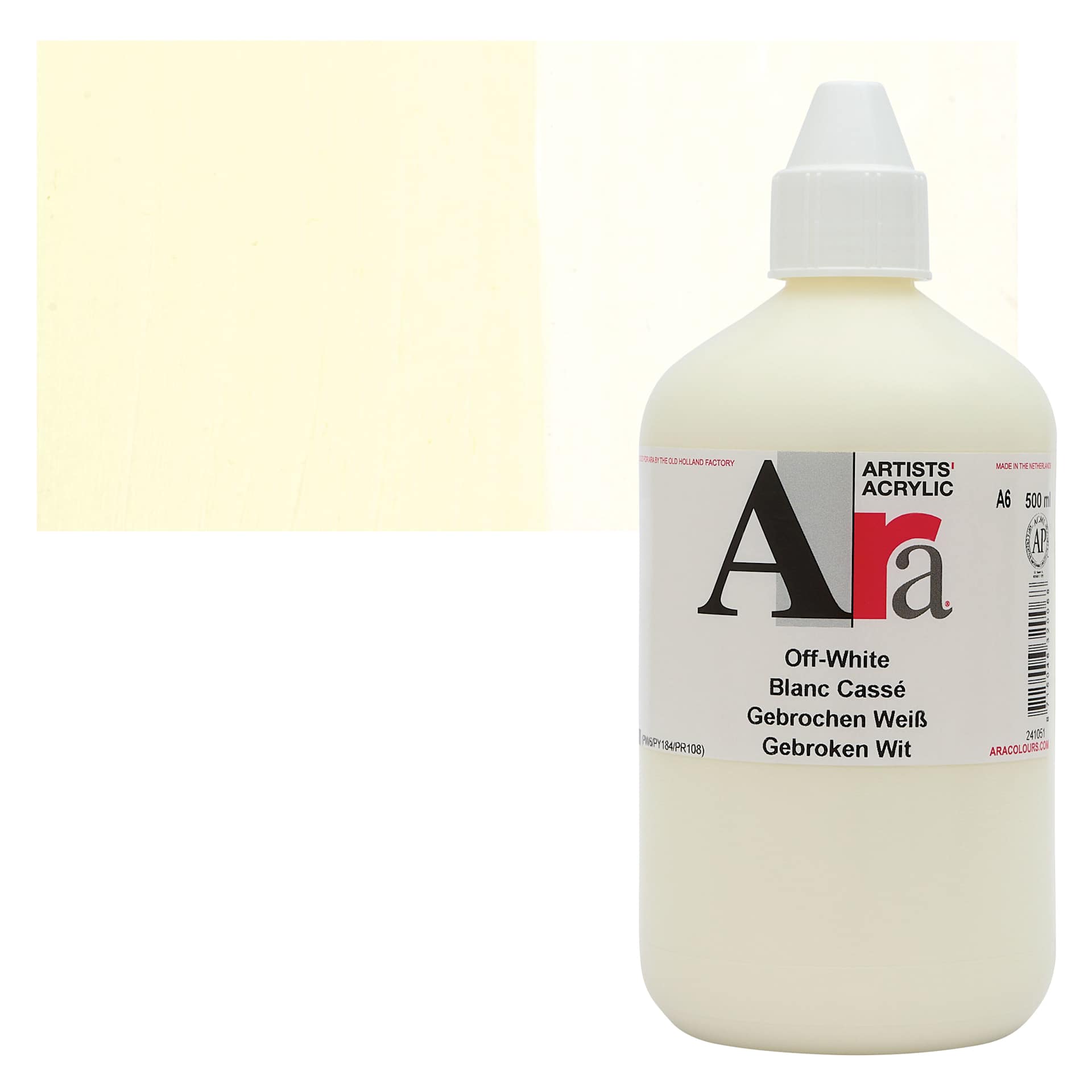 Ara Artists’ Acrylic Paint - Off White, 500 ml bottle and swatch