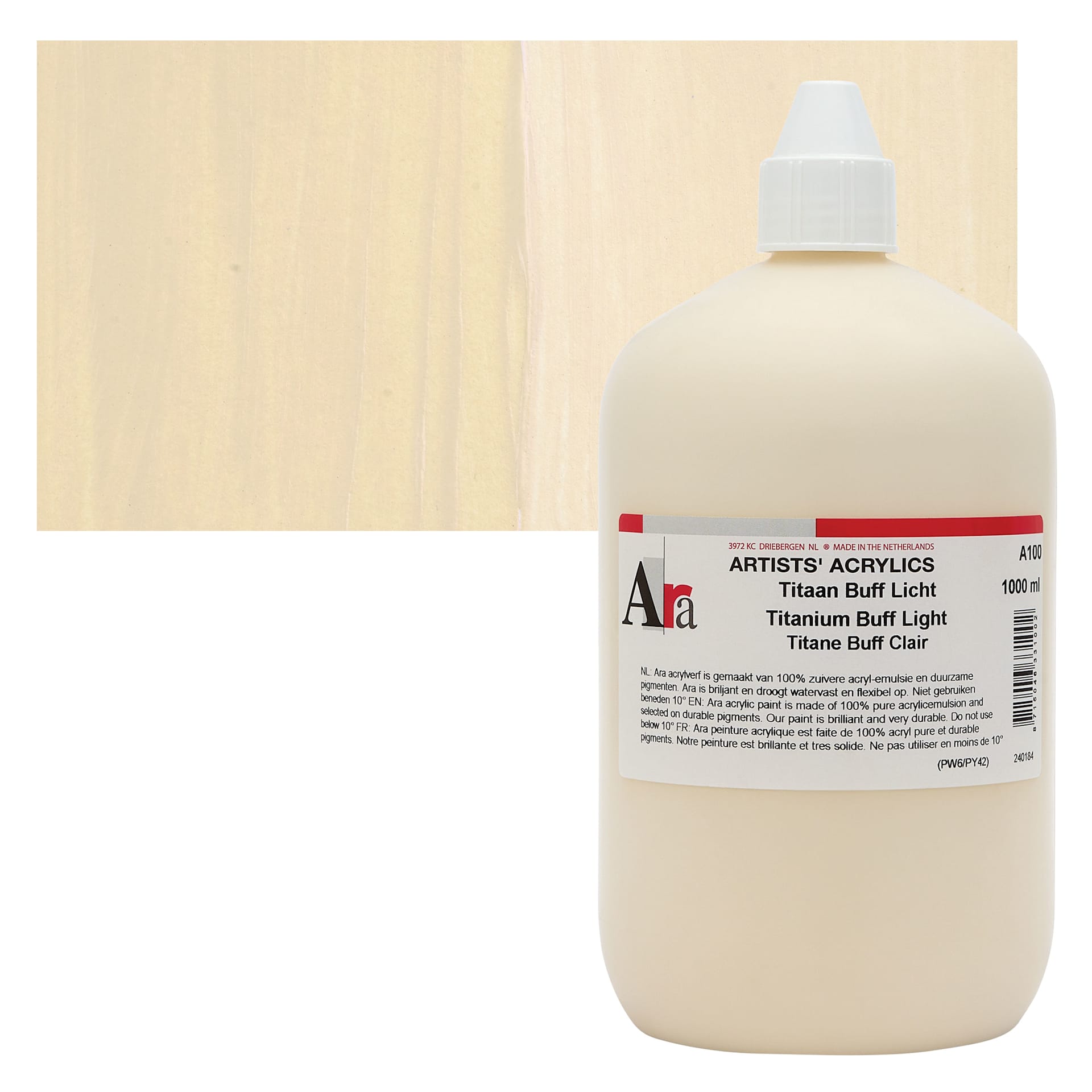 Ara Artists’ Acrylic Paint - Titanium Buff Light, 1000 ml bottle and swatch