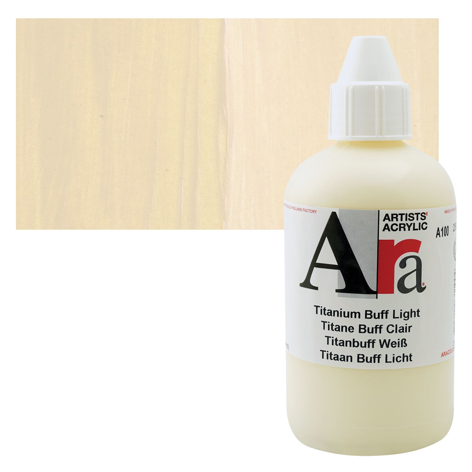 Ara Artists’ Acrylic Paint - Titanium Buff Light, 250 ml bottle and swatch