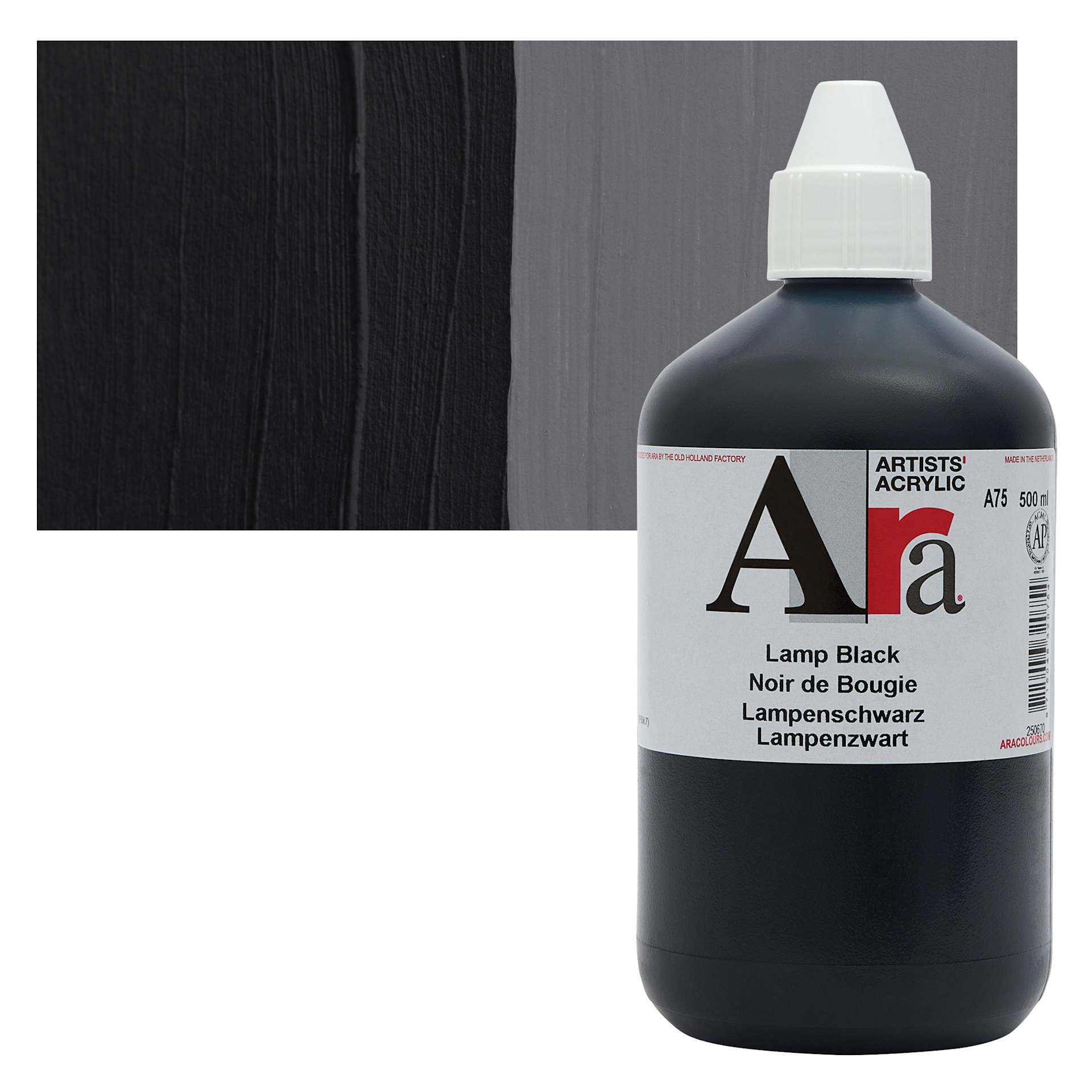 Ara Artists’ Acrylic Paint - Lamp Black, 500 ml bottle and swatch