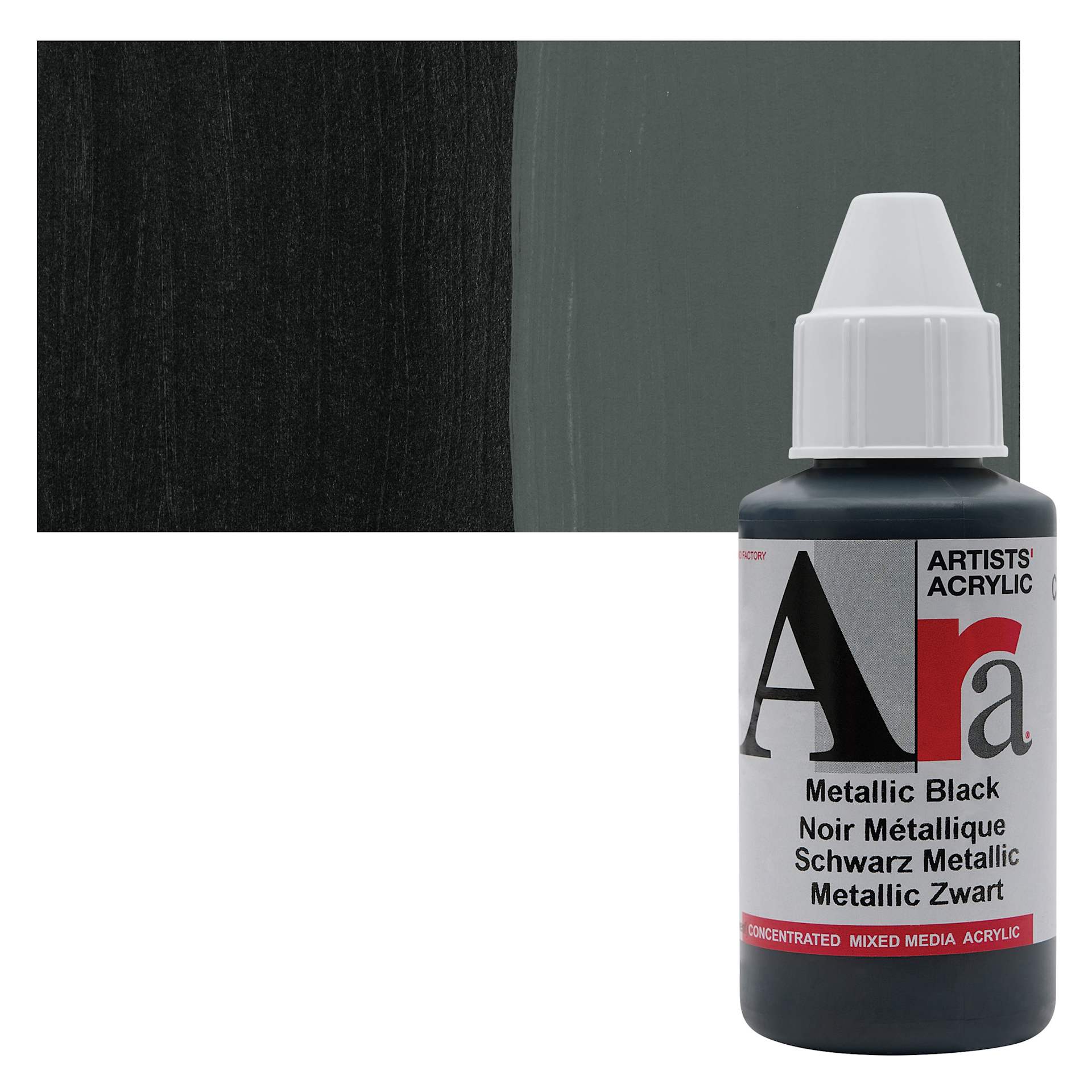 Ara Artists’ Acrylic Paint - Metallic Black, 100 ml bottle and swatch
