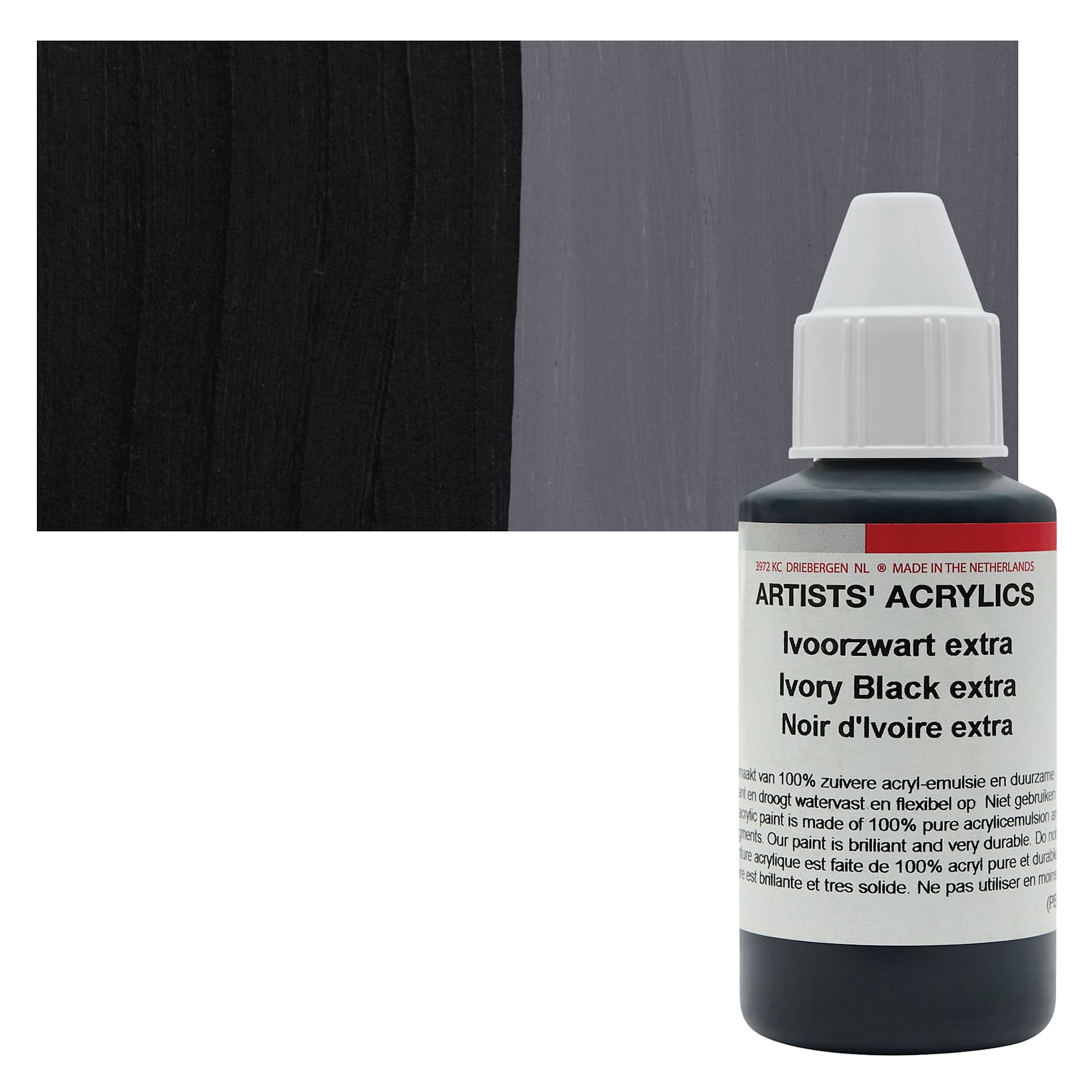 Ara Artists’ Acrylic Paint - Ivory Black Extra, 100 ml bottle and swatch
