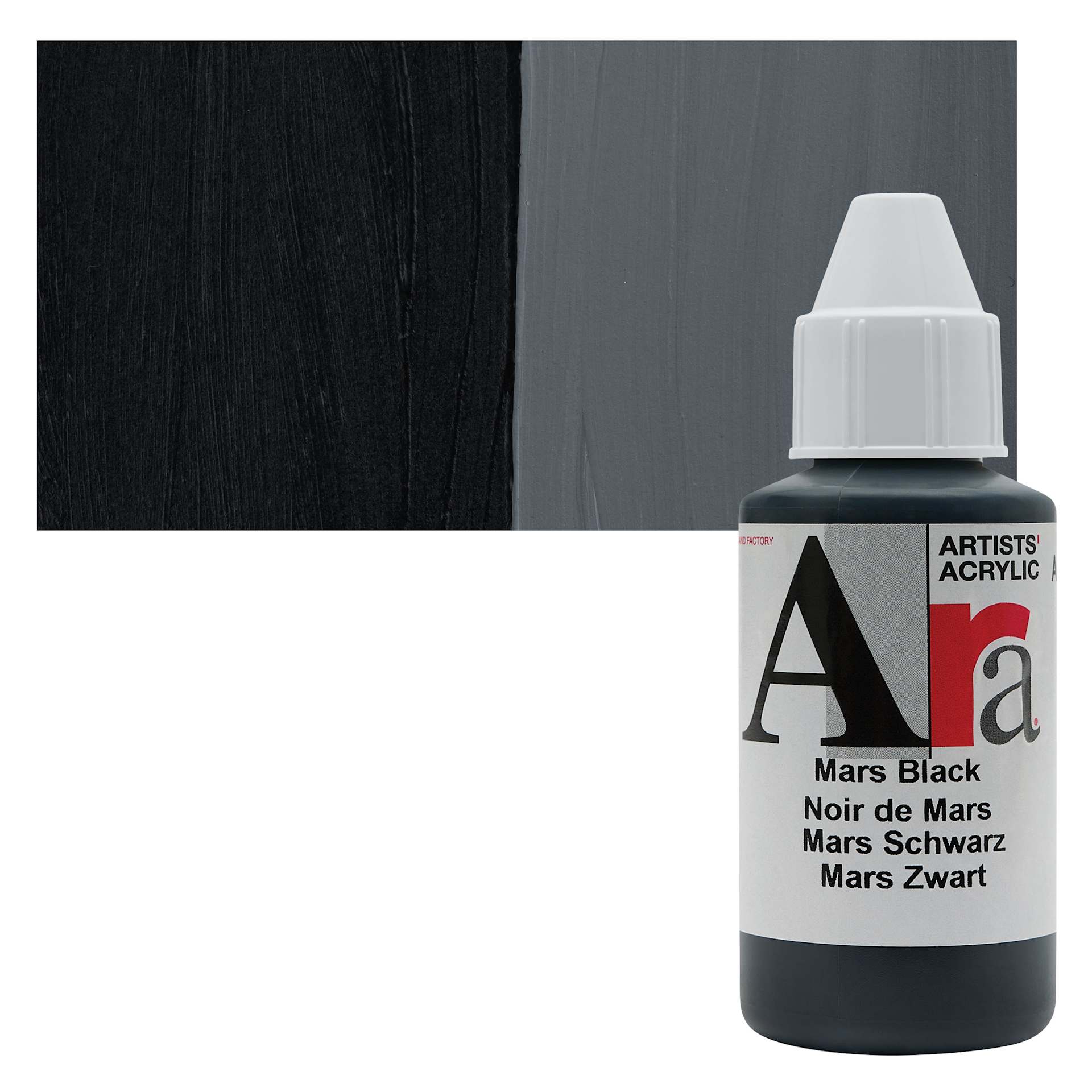 Ara Artists’ Acrylic Paint - Mars Black, 100 ml bottle and swatch