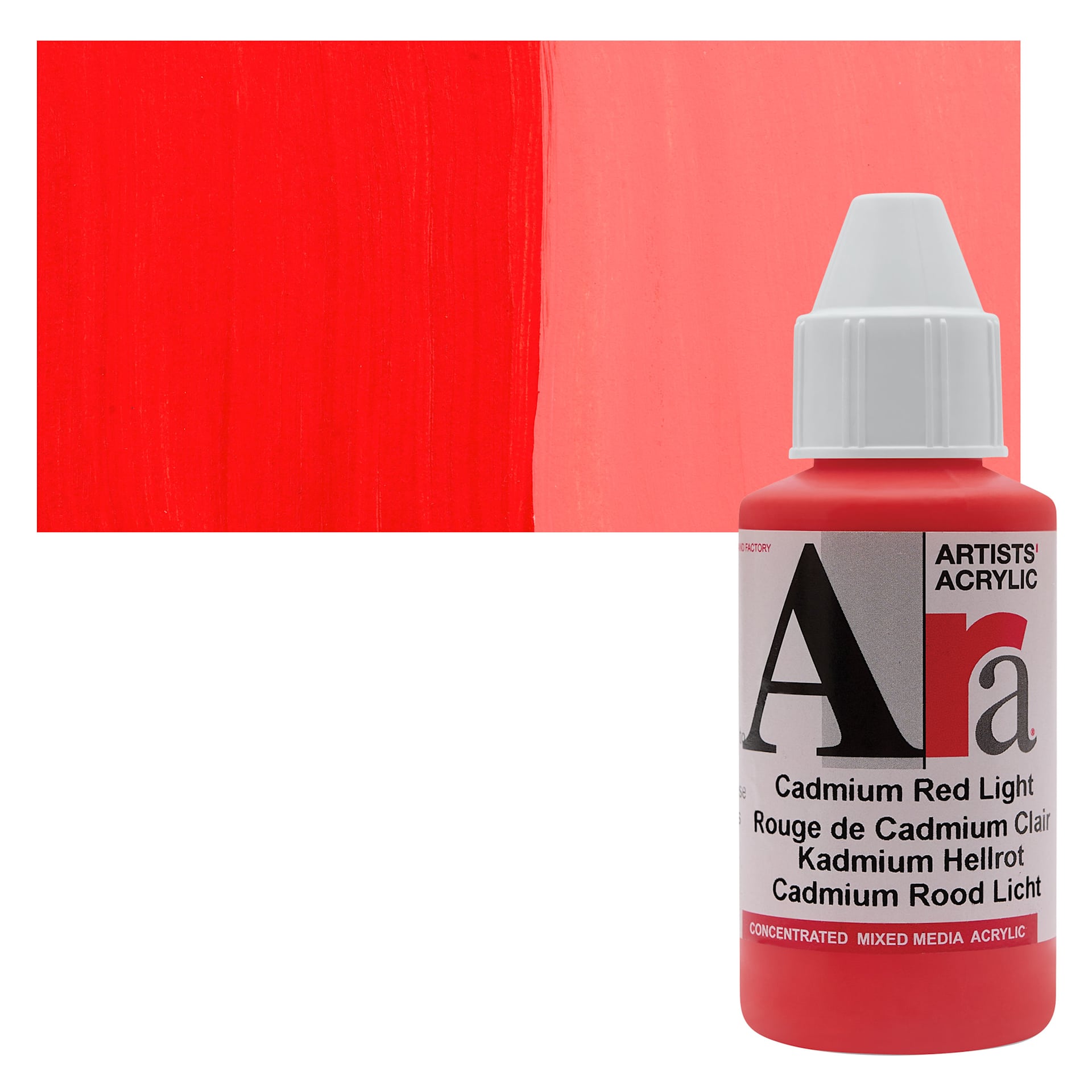 Ara Artists’ Acrylic Paint - Cadmium Red Light, 100 ml bottle and swatch