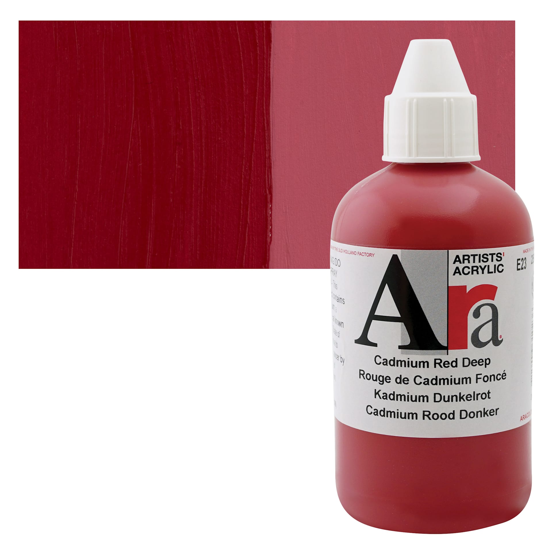 Ara Artists’ Acrylic Paint - Cadmium Red Deep, 250 ml bottle and swatch