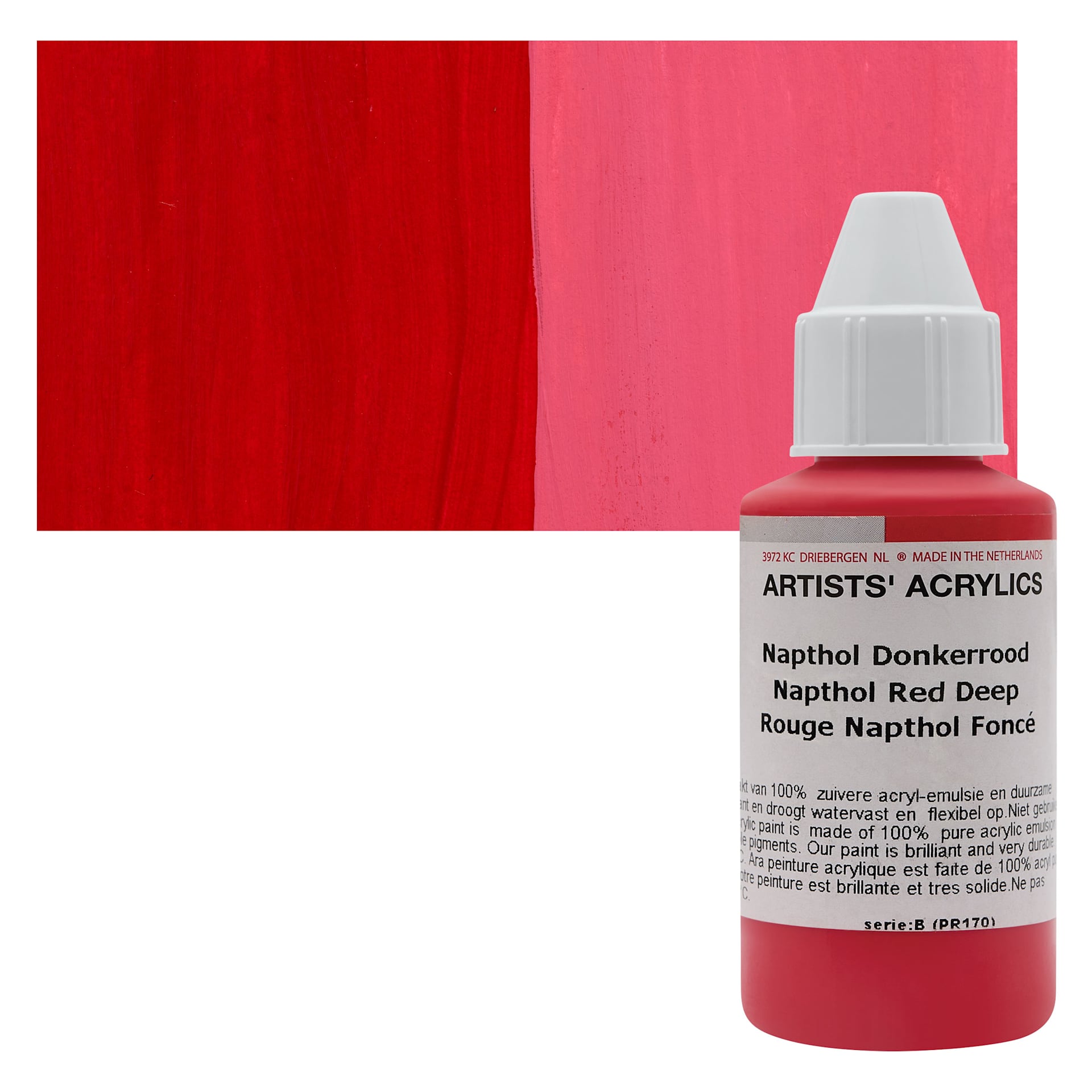 Ara Artists’ Acrylic Paint - Naphthol Red Deep, 100 ml bottle and swatch