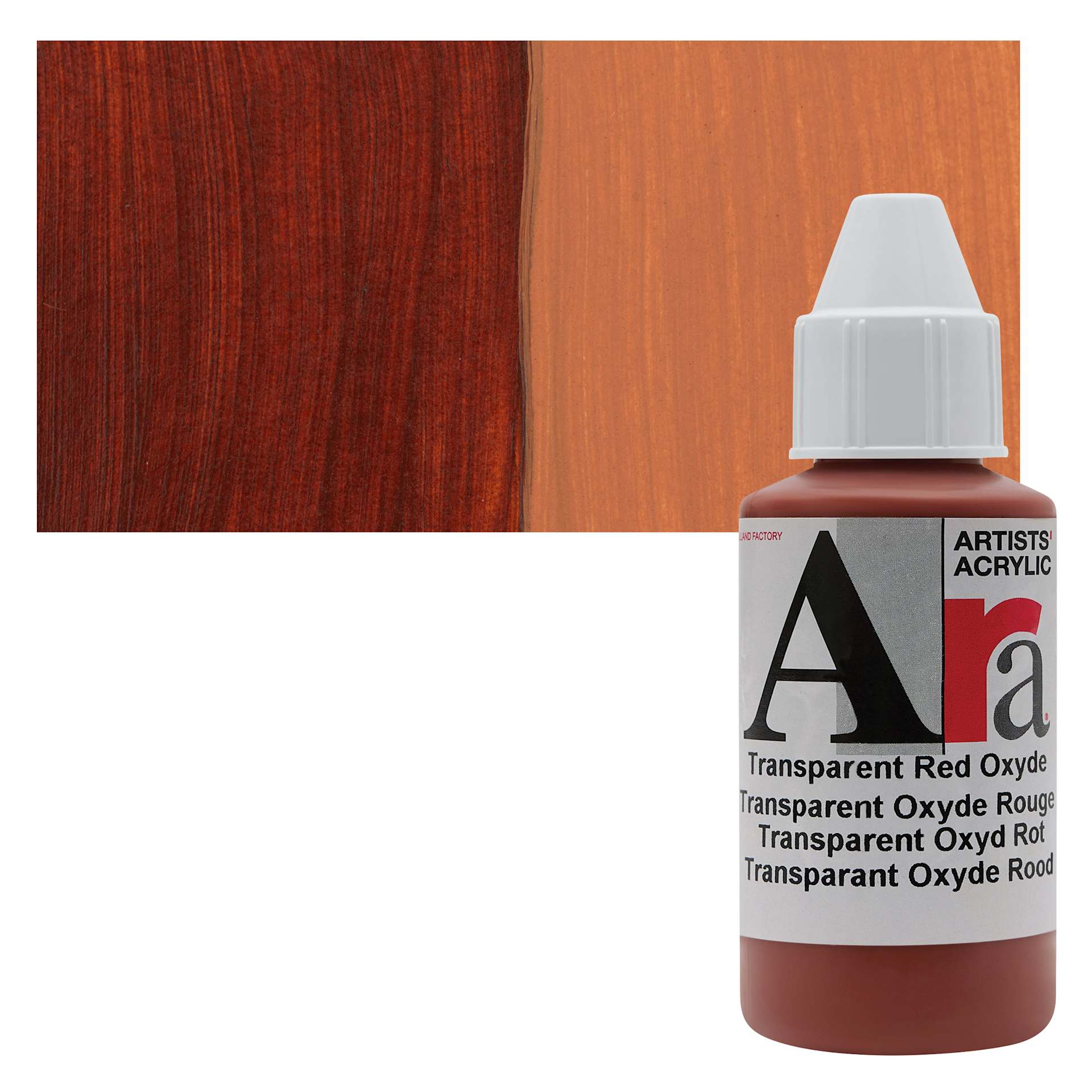 Ara Artists’ Acrylic Paint - Transparent Red Oxide, 100 ml bottle and swatch