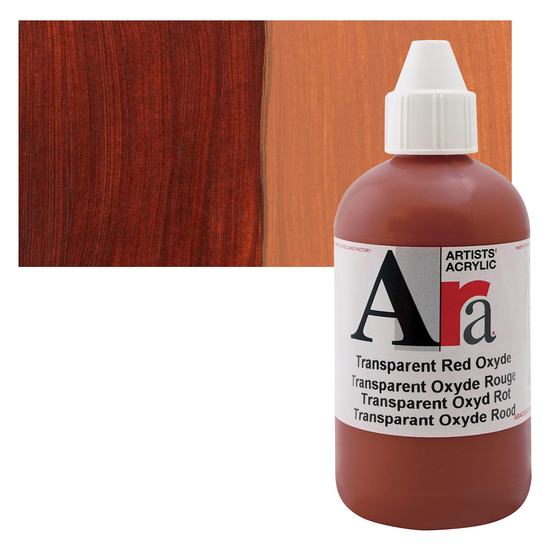 Ara Artists’ Acrylic Paint - Transparent Red Oxide, 250 ml bottle and swatch