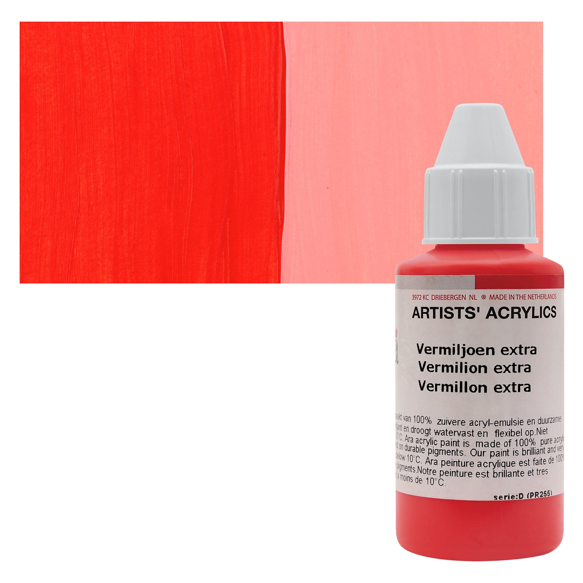Ara Artists’ Acrylic Paint - Vermilion Extra, 100 ml bottle and swatch