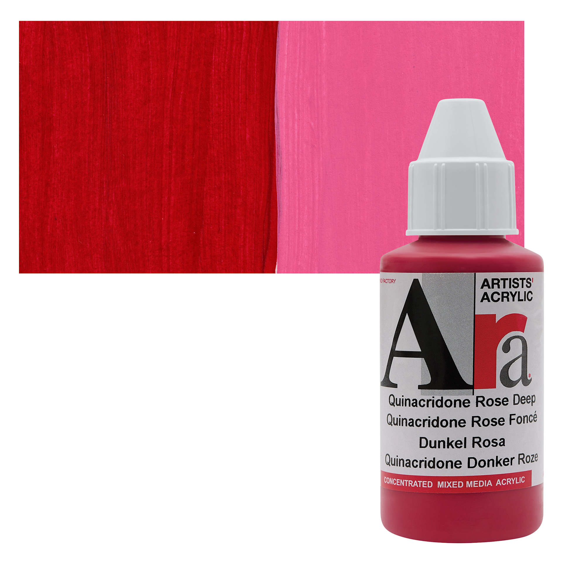Ara Artists’ Acrylic Paint - Quinacridone Rose Deep, 100 ml bottle and swatch