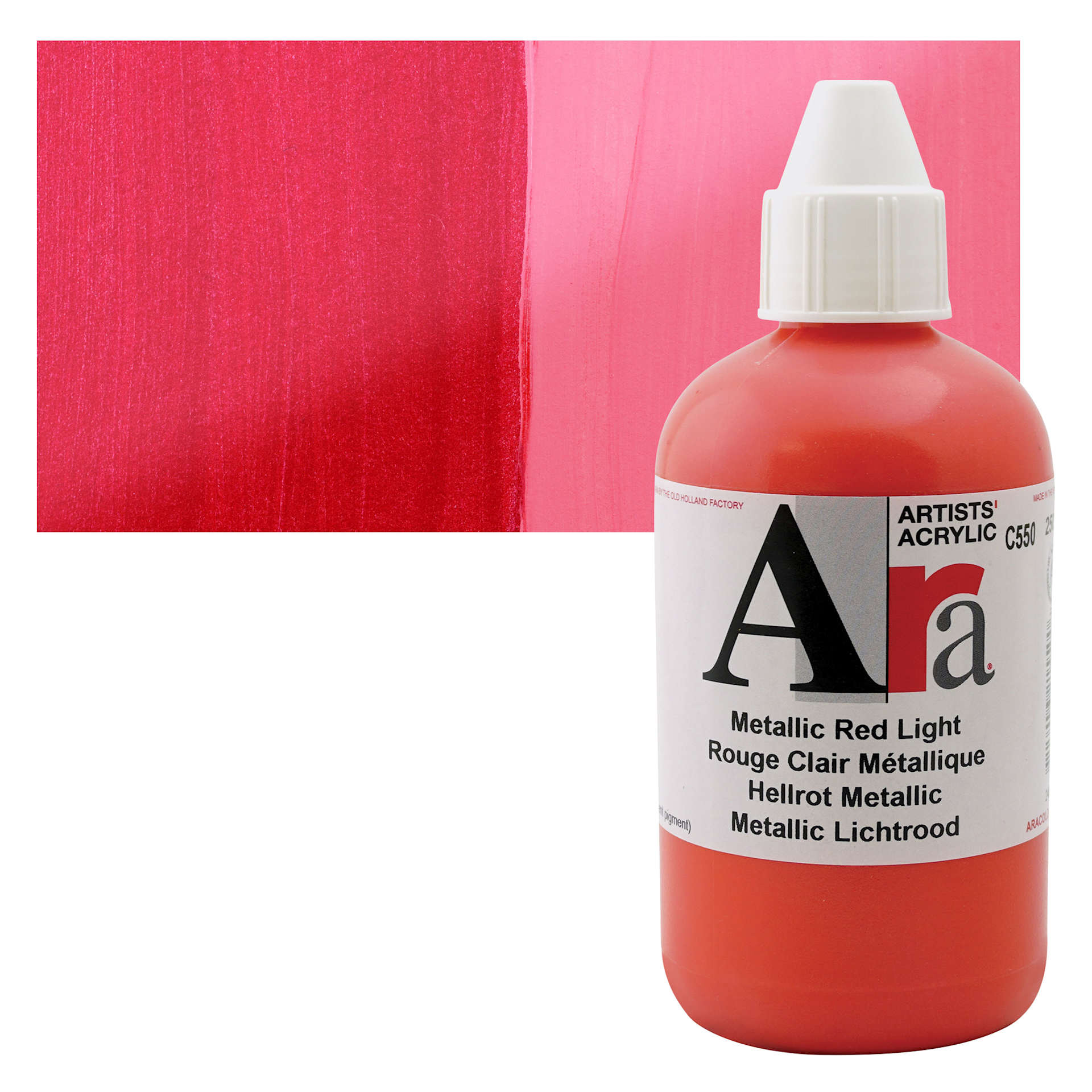 Ara Artists’ Acrylic Paint - Metallic Red Light, 250 ml bottle and swatch