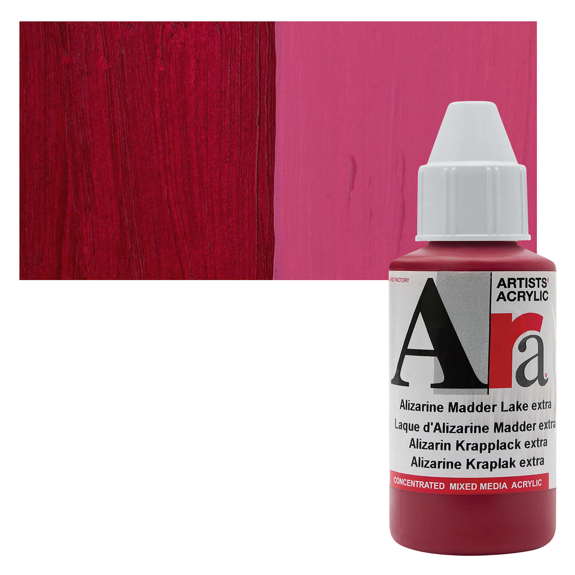 Ara Artists’ Acrylic Paint - Alizarin Madder Lake Extra, 100 ml bottle and swatch