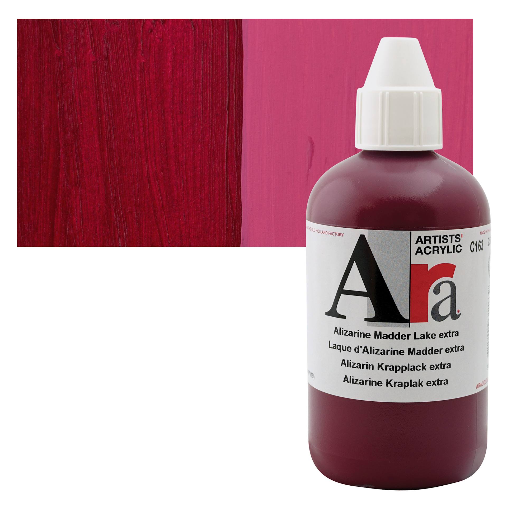 Ara Artists’ Acrylic Paint - Alizarin Madder Lake Extra, 250 ml bottle and swatch