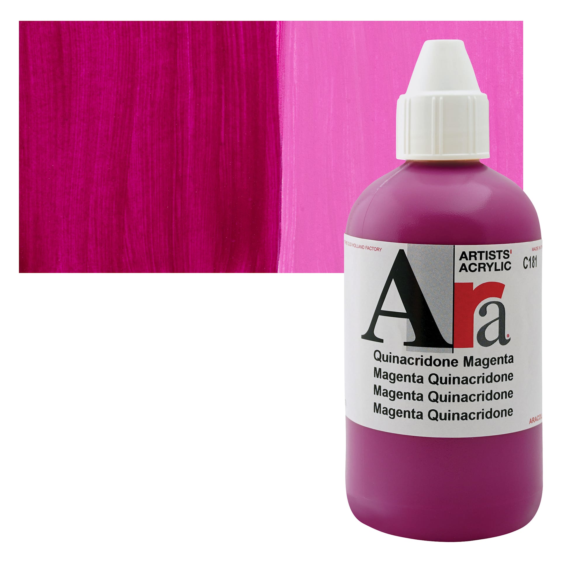 Ara Artists’ Acrylic Paint - Quinacridone Magenta, 250 ml bottle and swatch