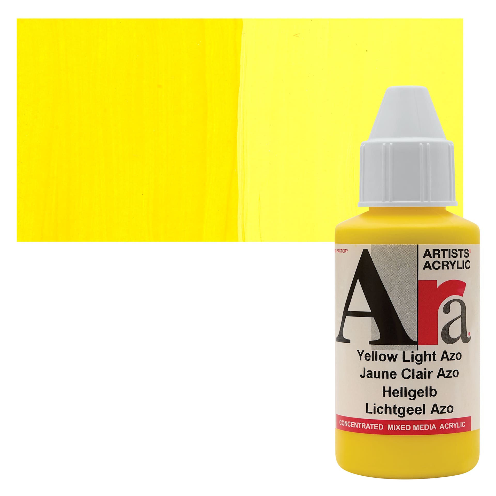 Ara Artists’ Acrylic Paint - Yellow Light Azo, 100 ml bottle and swatch