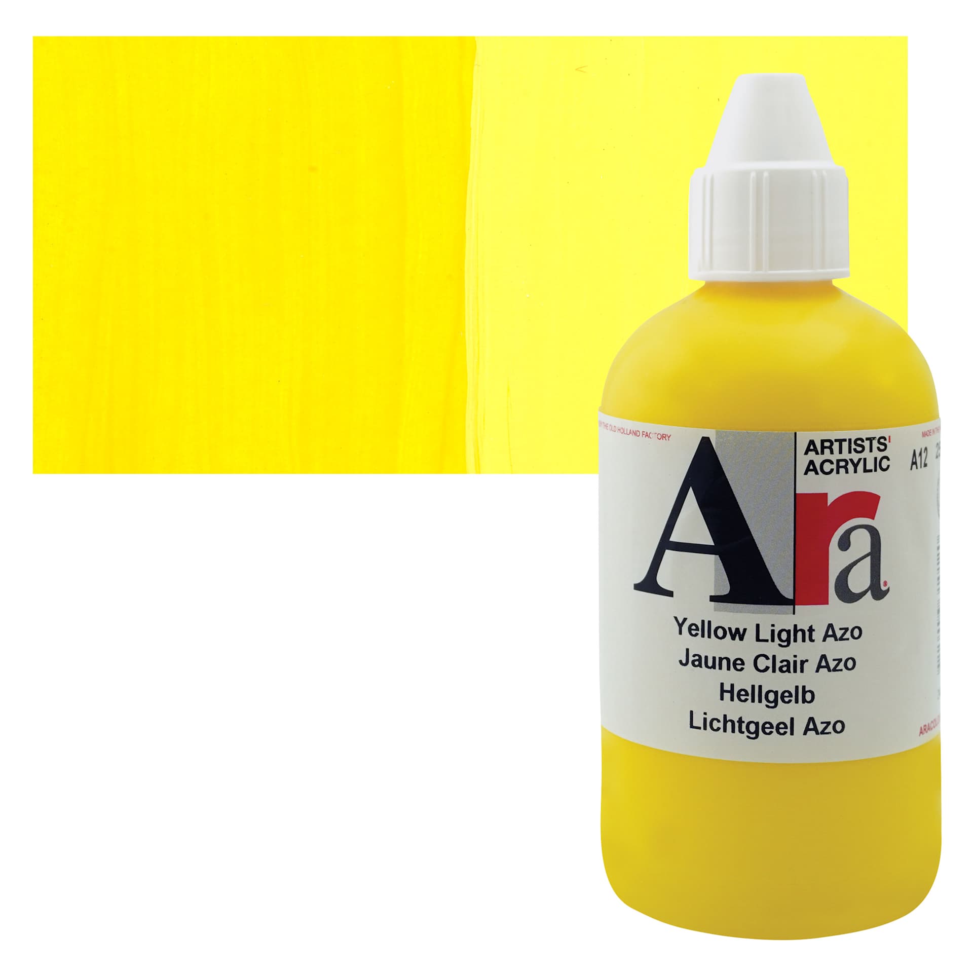 Ara Artists’ Acrylic Paint - Yellow Light Azo, 250 ml bottle and swatch